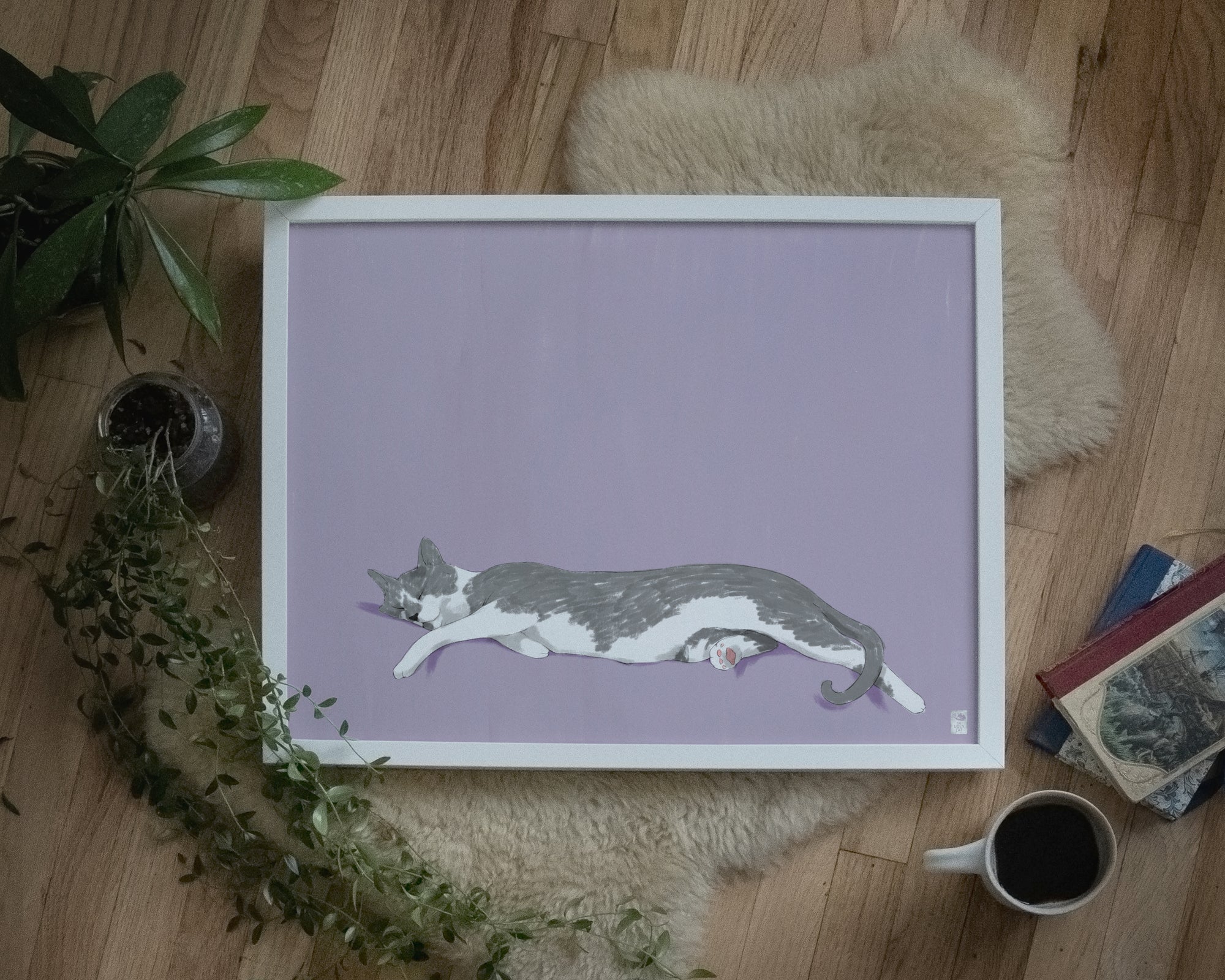 "Woodhouse Stretching" by Catherine Hébert - Grey Tuxedo Cat Fine Art Print