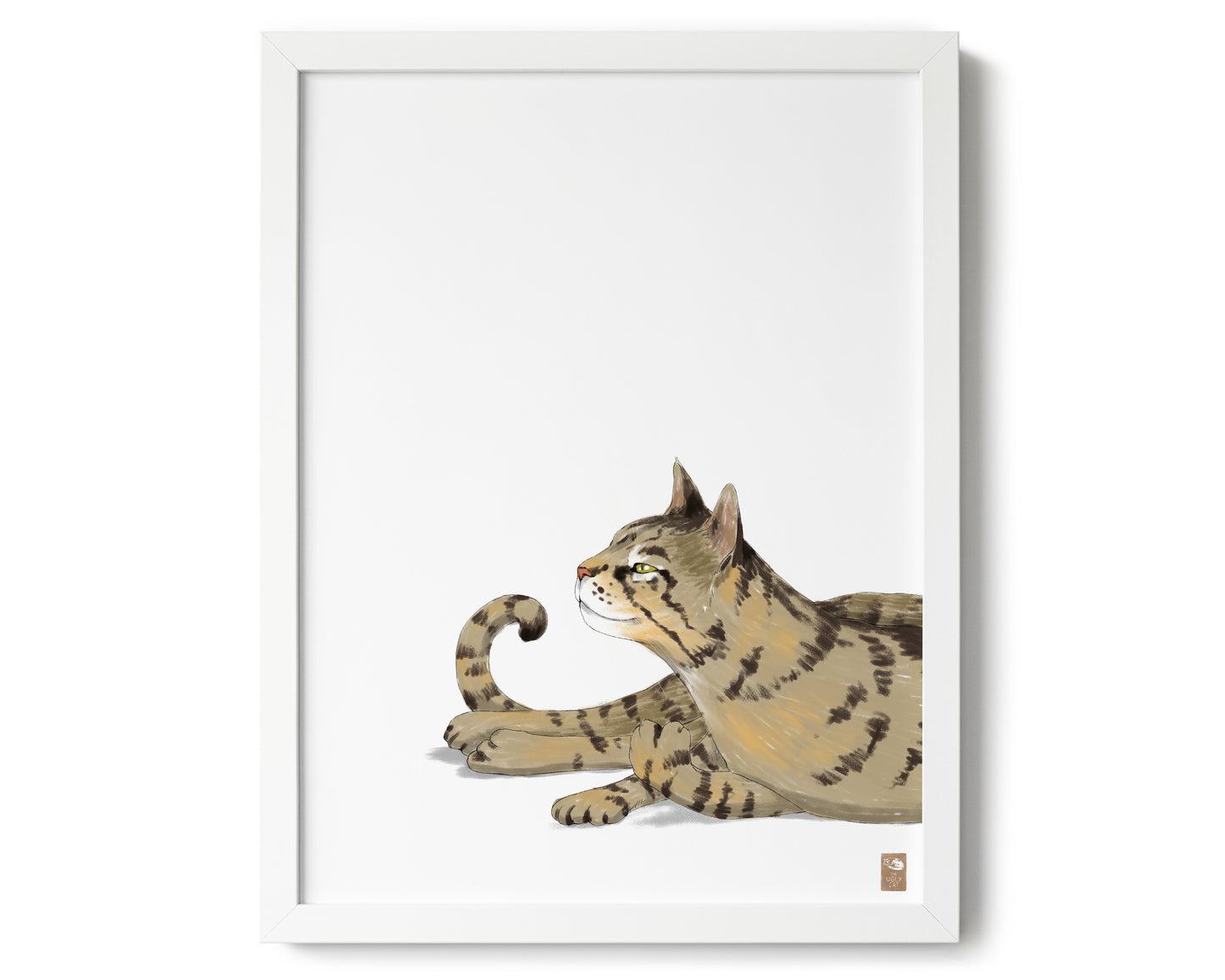 "Isengrin Looking Up - White Edition" by Catherine Hébert - Striped Brown Tabby Cat Giclee Art Print - 12"x16" size