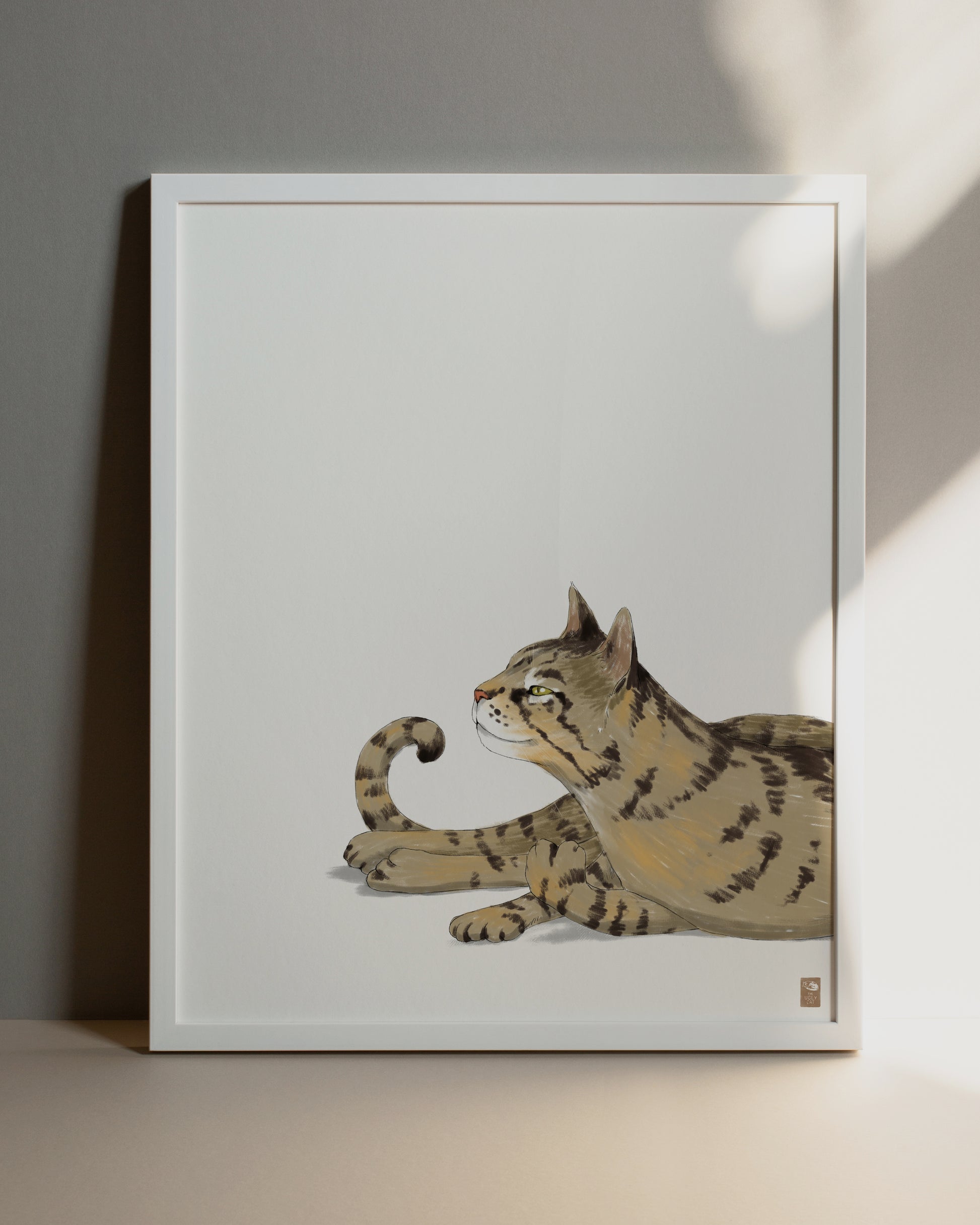 "Isengrin Looking Up - White Edition" by Catherine Hébert - Striped Brown Tabby Cat Giclee Art Print