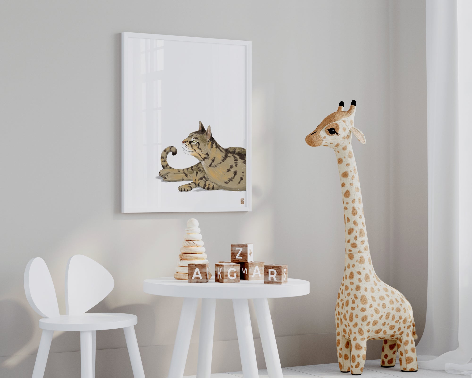"Isengrin Looking Up - White Edition" by Catherine Hébert - Striped Brown Tabby Cat Fine Art Print