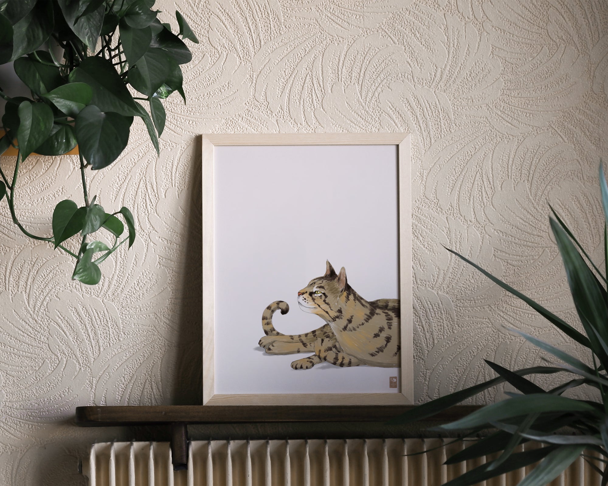 "Isengrin Looking Up - White Edition" by Catherine Hébert - Striped Brown Tabby Cat Fine Art Print