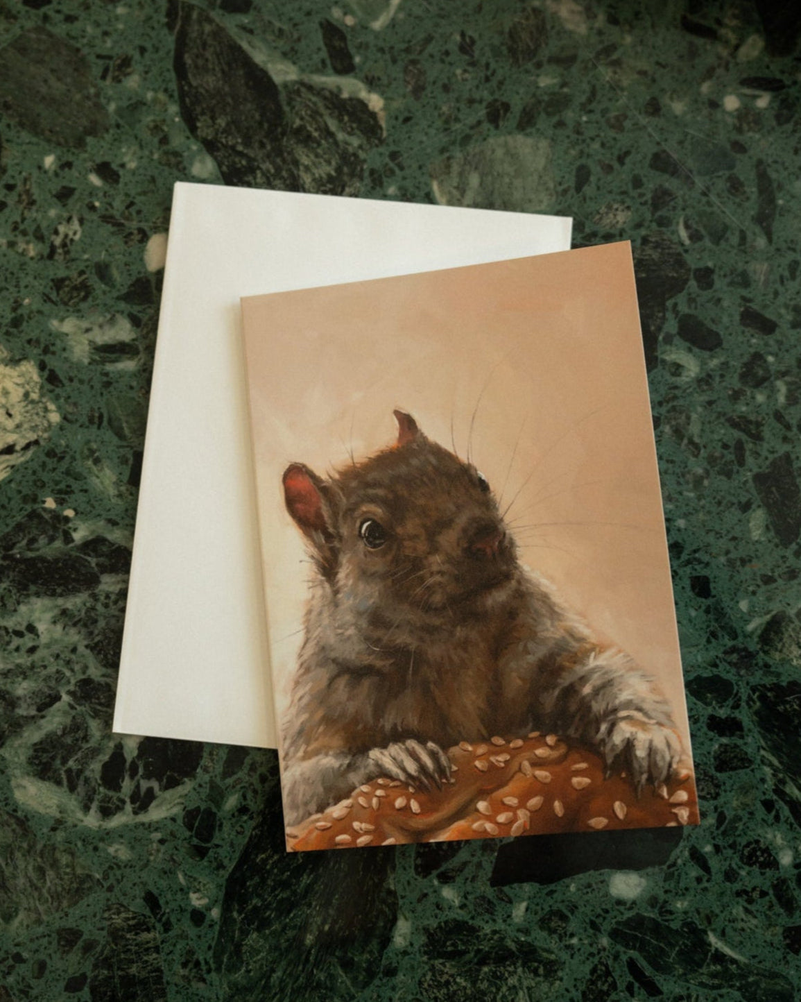 "Brigette With A Bagel" by Catherine Hébert - Grey Squirrel with a Bagel - Blank 5"x7" Greeting Card