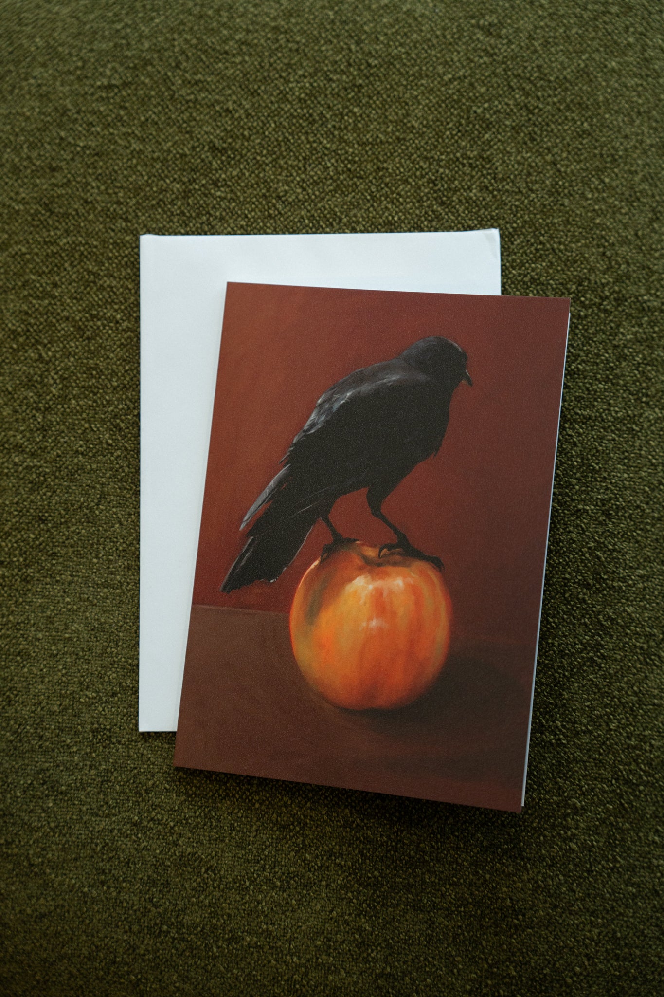 "Crownelius Crowmwell" by Catherine Hébert - Black Crow on Apple - Blank 5"x7" Greeting Card – Blank 5x7 Greeting Card – Gift for Crow Lover