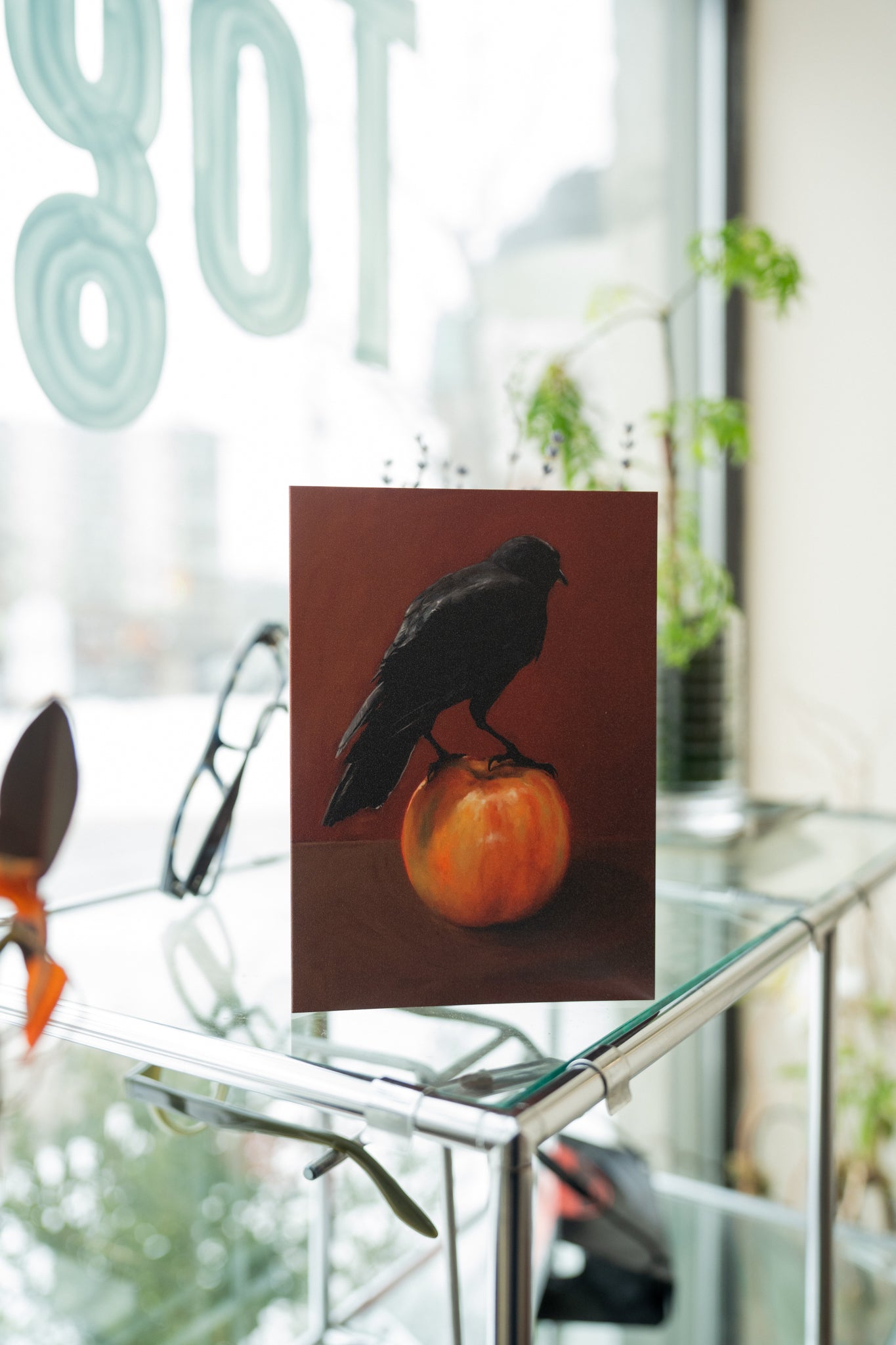 "Crownelius Crowmwell" by Catherine Hébert - Black Crow on Apple - Blank 5"x7" Greeting Card
