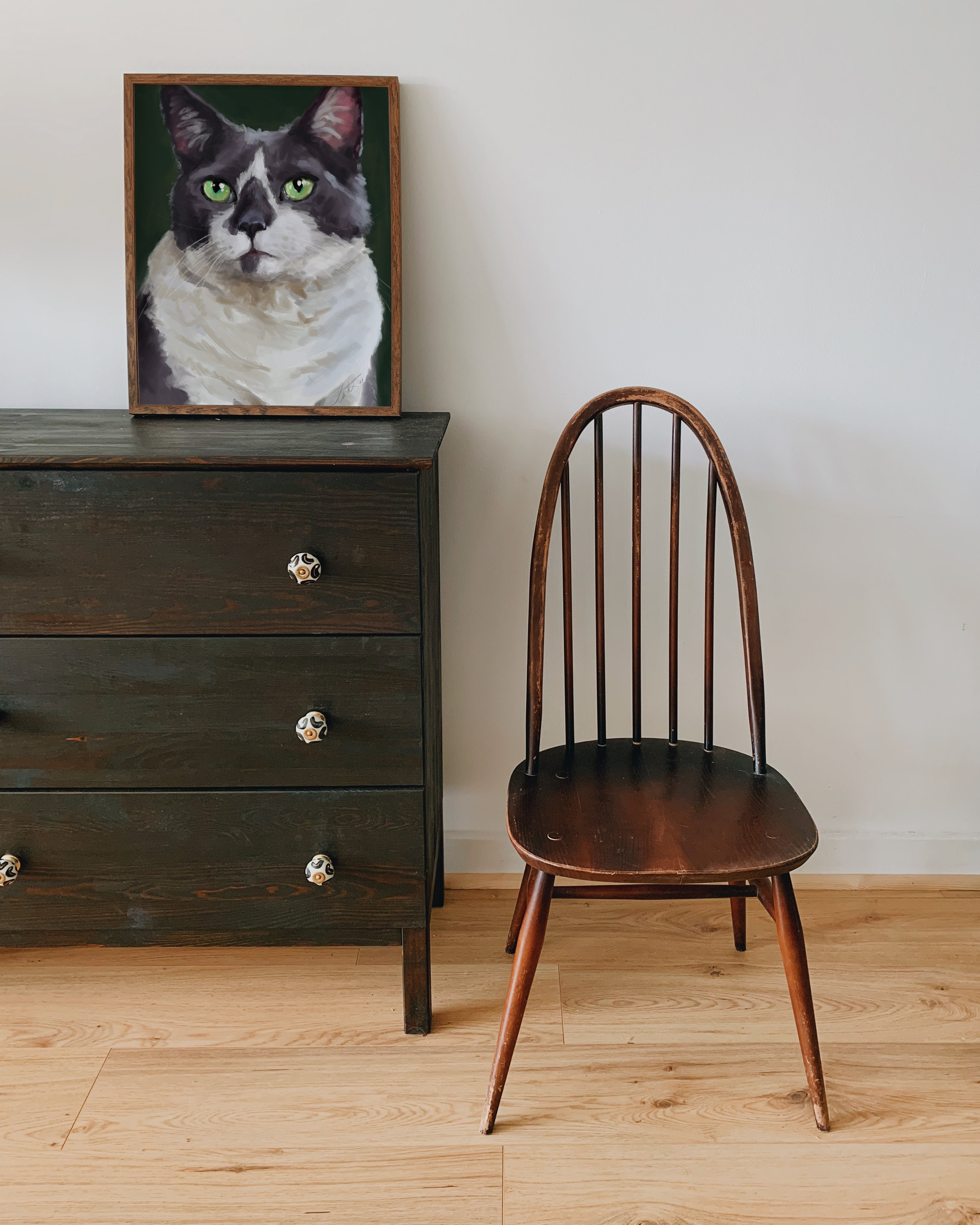 "The Delightful Woodhouse" by Catherine Hébert - Grey Tuxedo Cat Portrait Art Print