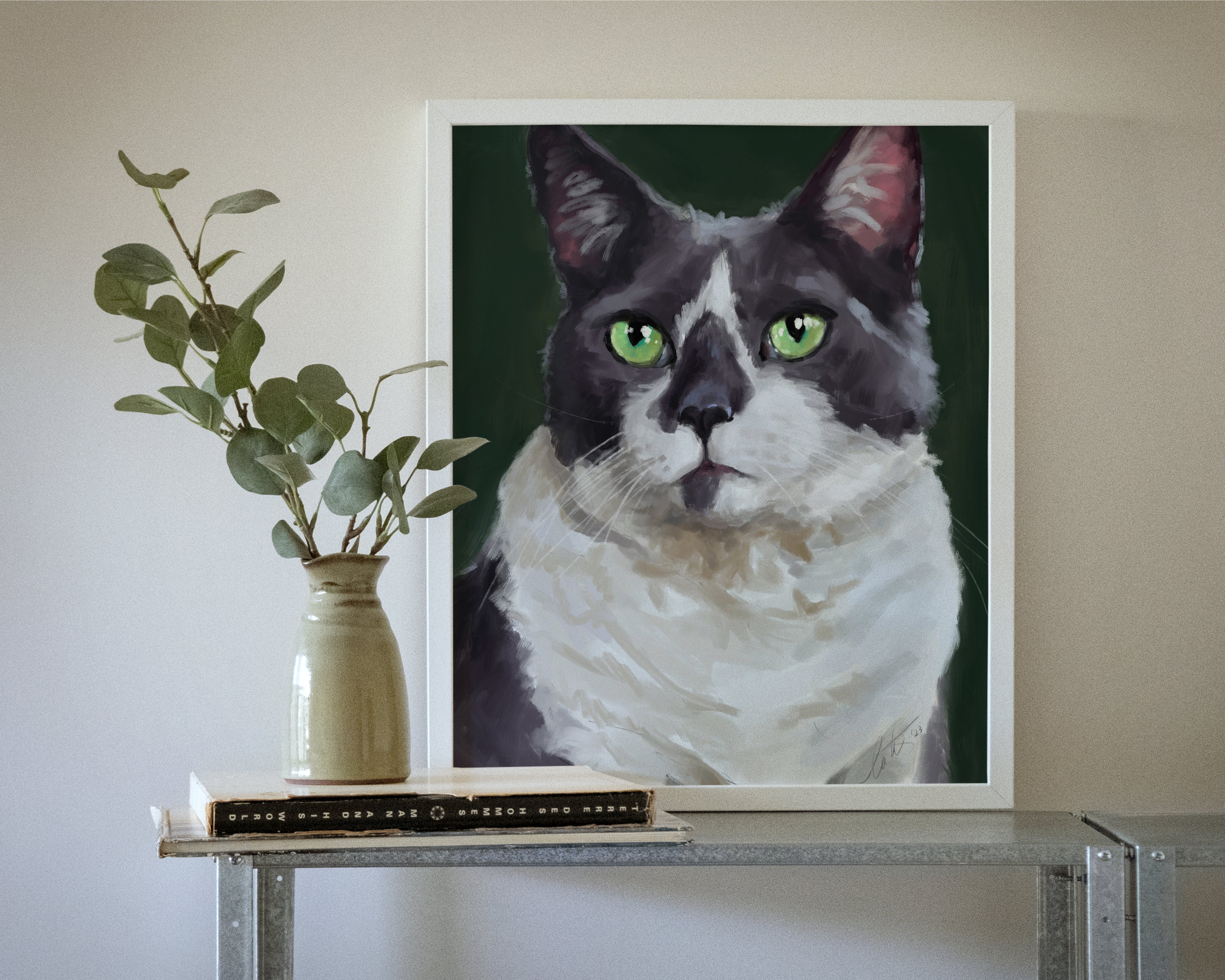 "The Delightful Woodhouse" by Catherine Hébert - Grey Tuxedo Cat Portrait Art Print