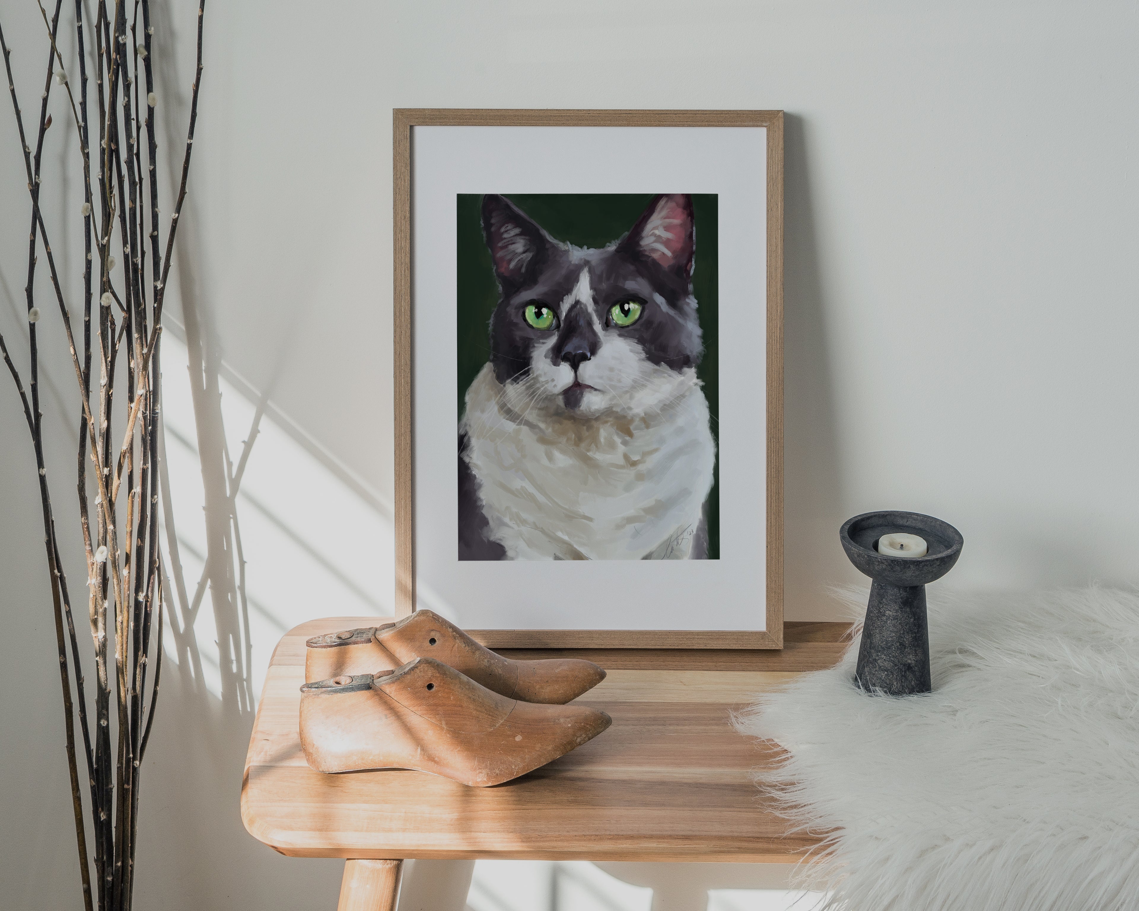 "The Delightful Woodhouse" by Catherine Hébert - Grey Tuxedo Cat Portrait Art Print