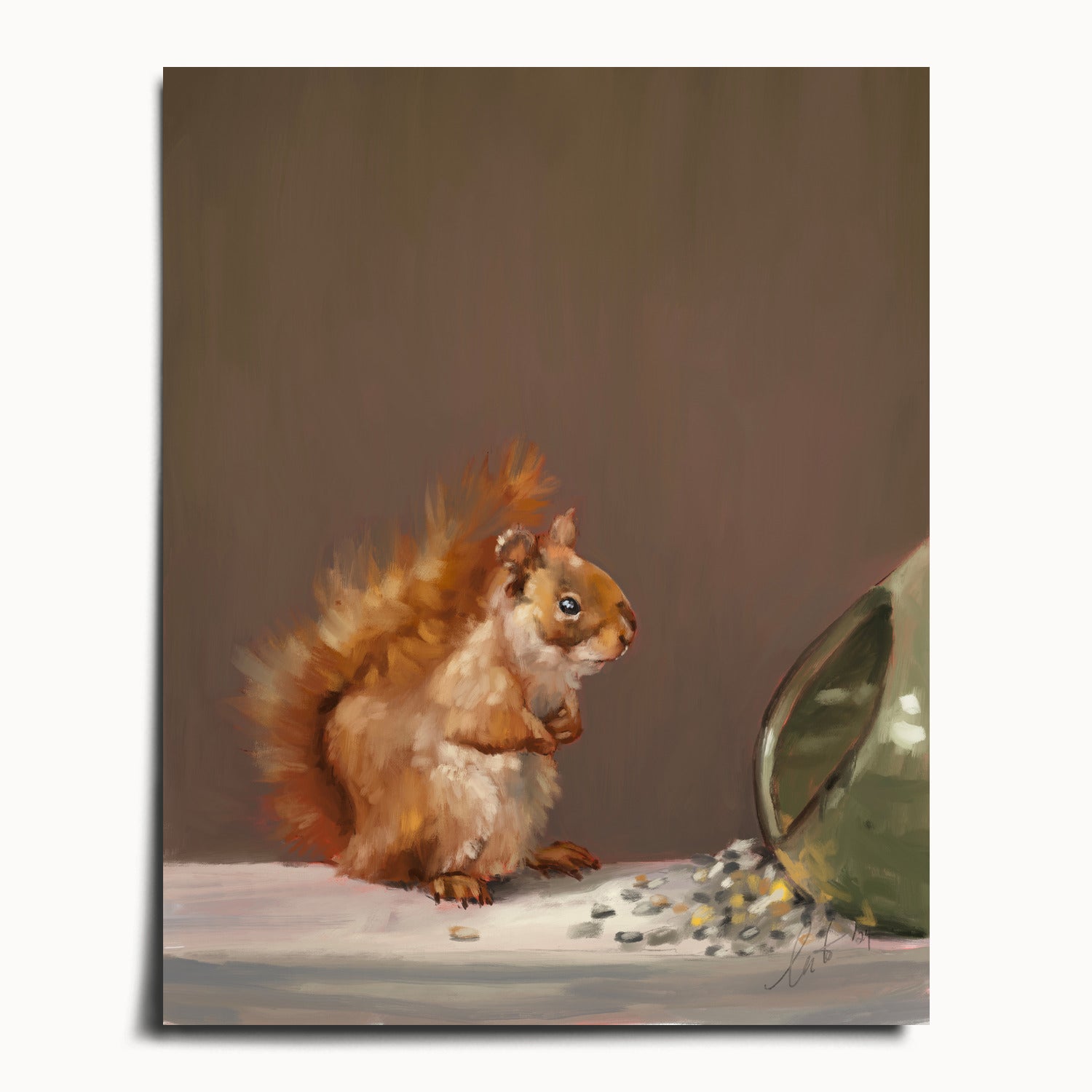 "Titi the Squirrel" by Catherine Hébert - Red Squirrel Oil Painting Fine Art Print - 16"x20" size