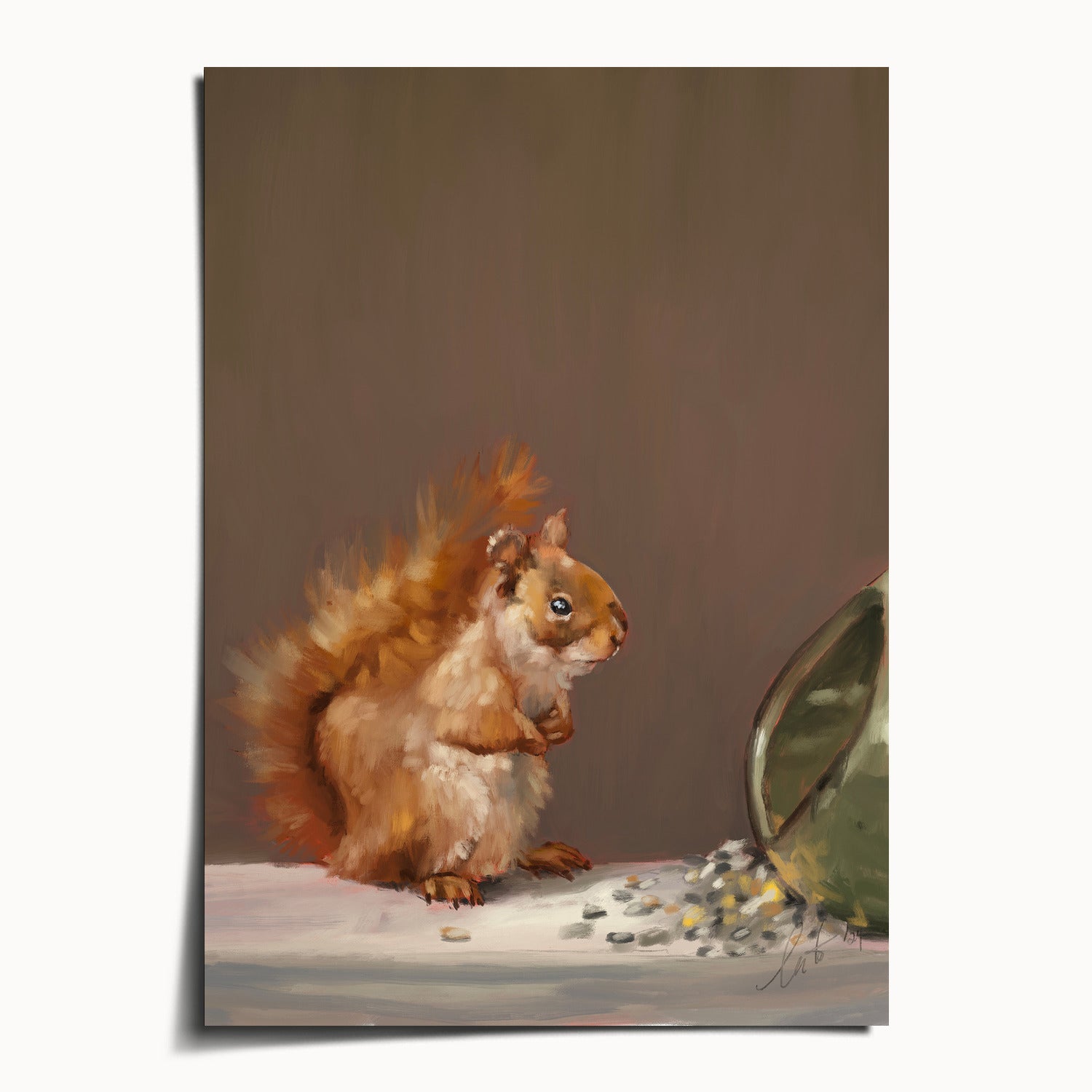 "Titi the Squirrel" by Catherine Hébert - Red Squirrel Oil Painting Fine Art Print - 5"x7" size