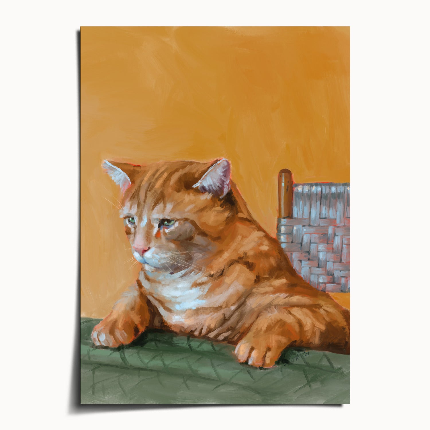 "Patapon" by Catherine Hébert - Orange Tabby Cat At The Dinner Table Fine Art Print - 5"x7" size