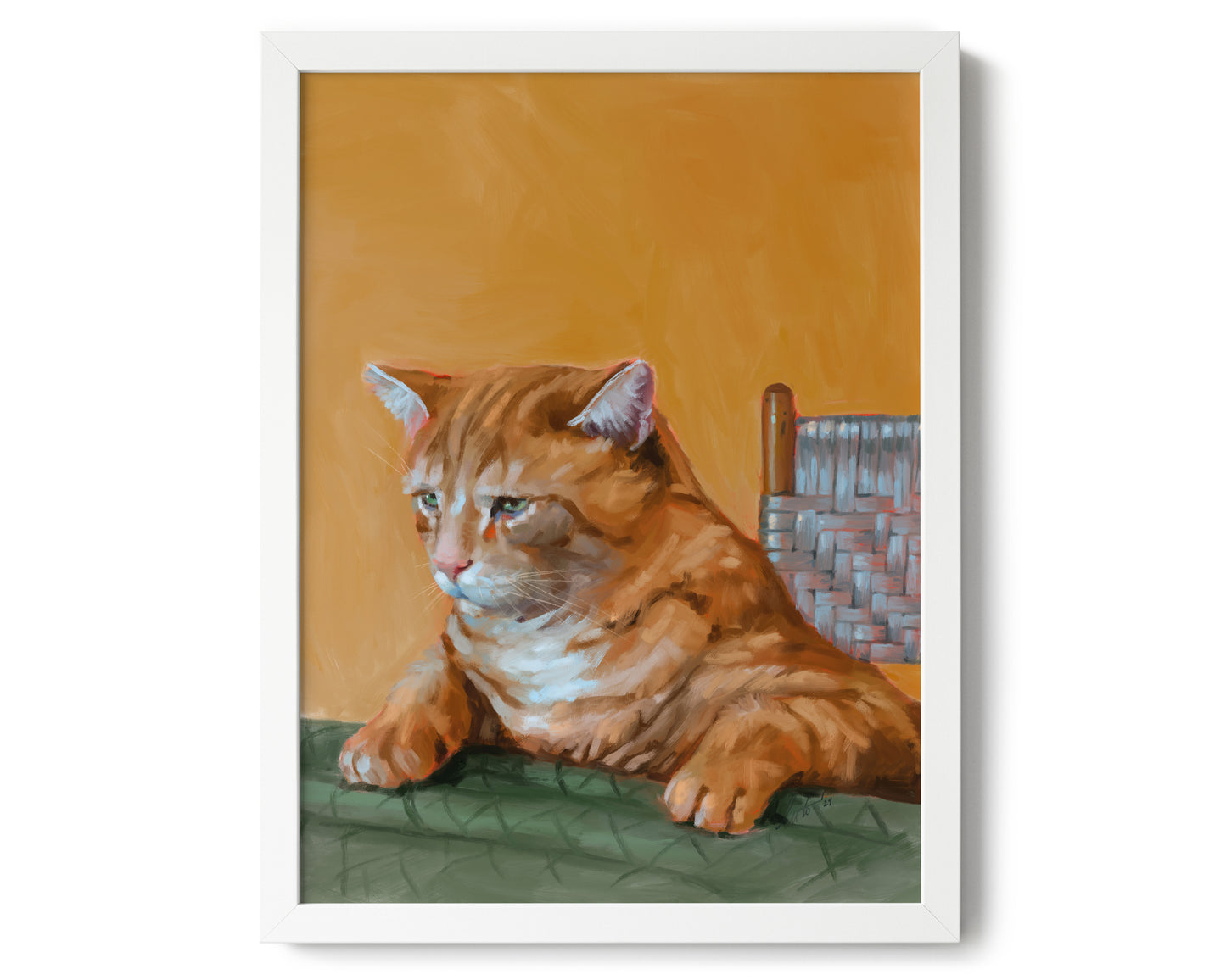 "Patapon" by Catherine Hébert - Orange Tabby Cat At The Dinner Table Art Print - 12"x16" size