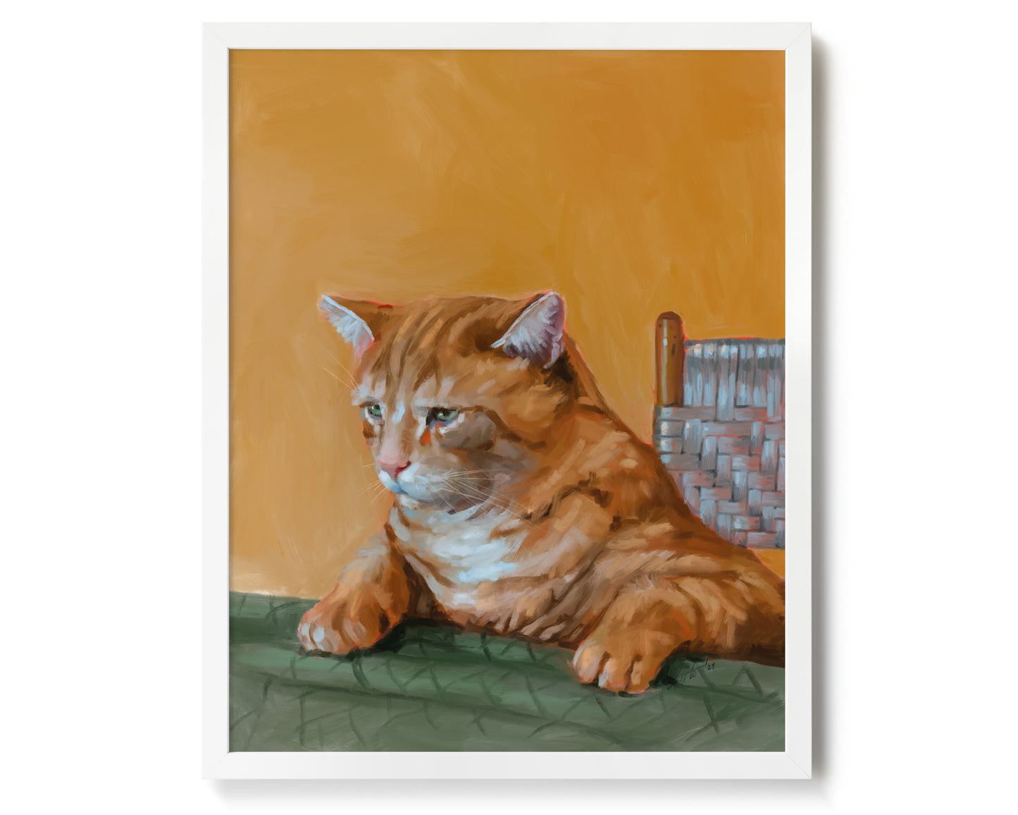 "Patapon" by Catherine Hébert - Orange Tabby Cat At The Dinner Table Art Print - 16"x20" size