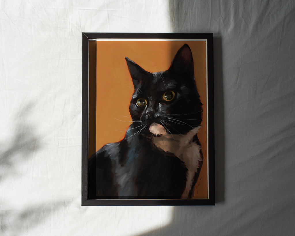 "Portrait of Rufio" by Catherine Hébert - Black and White Tuxedo Cat Portrait Fine Art Print