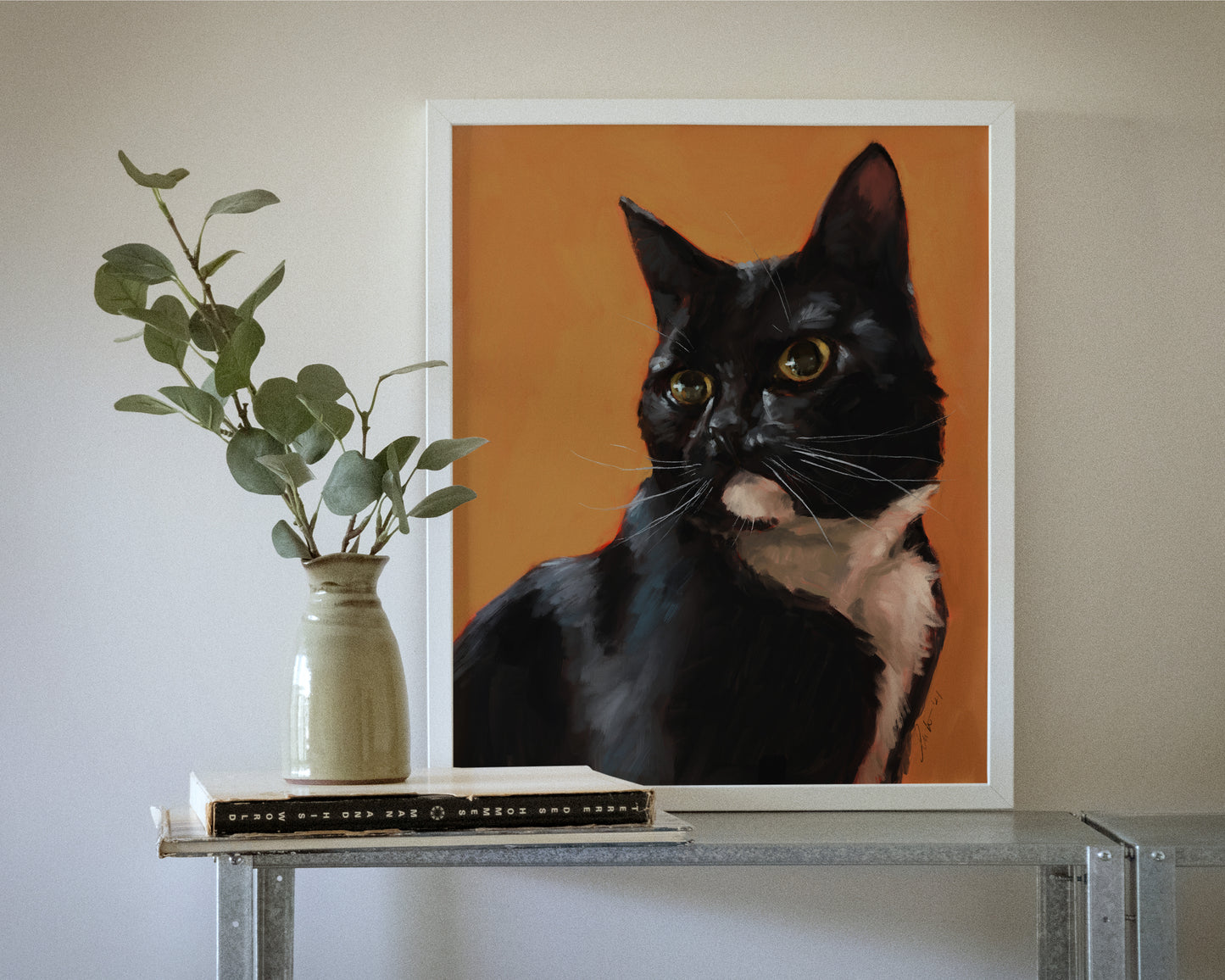 "Portrait of Rufio" by Catherine Hébert - Black and White Tuxedo Cat Portrait Art Print