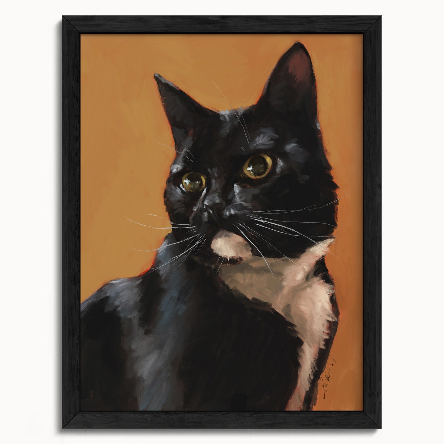 "Portrait of Rufio" by Catherine Hébert - Black and White Tuxedo Cat Portrait Fine Art Print - 12"x16" size