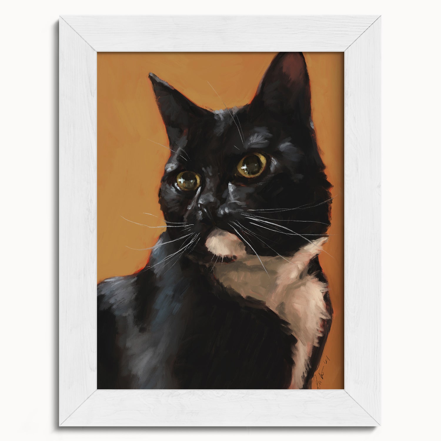"Portrait of Rufio" by Catherine Hébert - Black and White Tuxedo Cat Portrait Fine Art Print - 5"x7" size