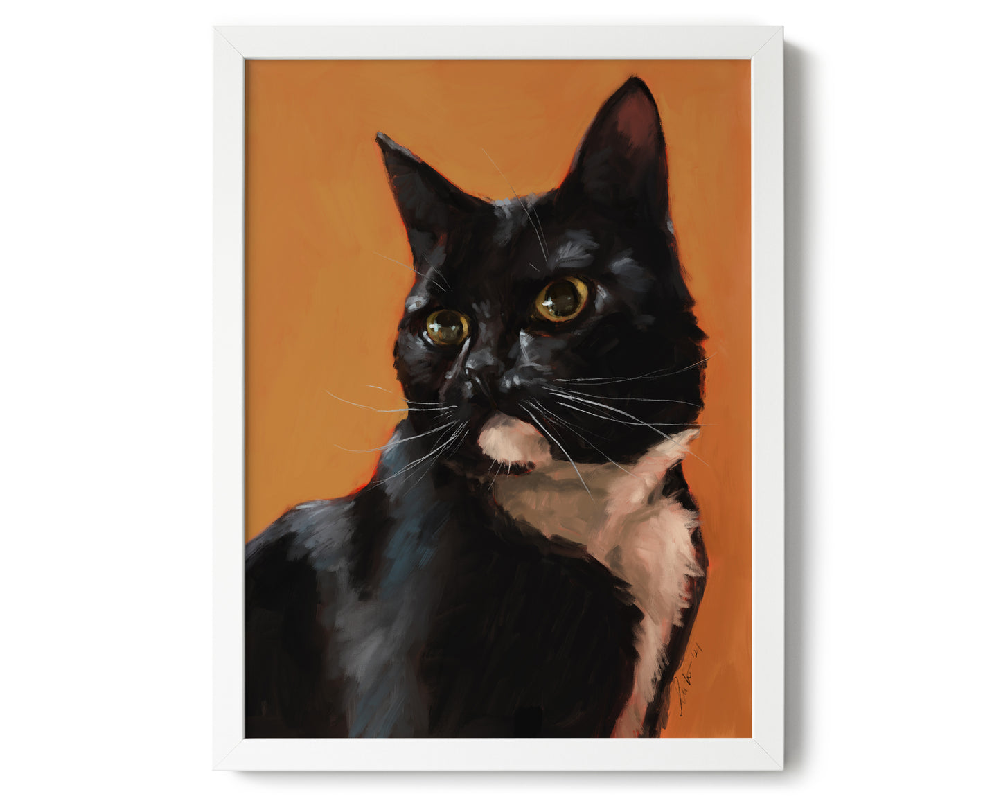 "Portrait of Rufio" by Catherine Hébert - Black and White Tuxedo Cat Portrait Art Print - 12"x16" size