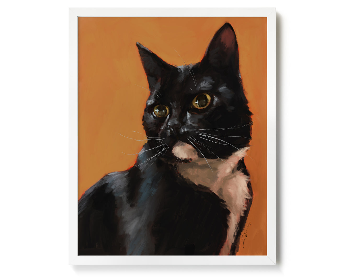 "Portrait of Rufio" by Catherine Hébert - Black and White Tuxedo Cat Portrait Art Print - 16"x20" size