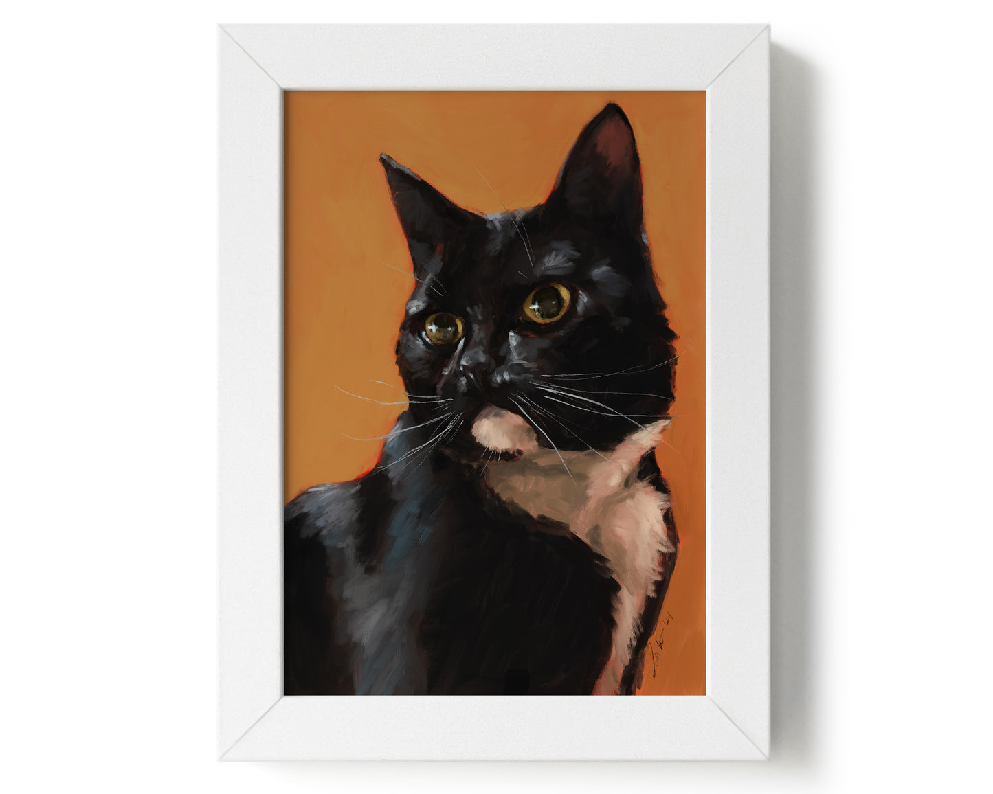 "Portrait of Rufio" by Catherine Hébert - Black and White Tuxedo Cat Portrait Art Print - 5"x7" size