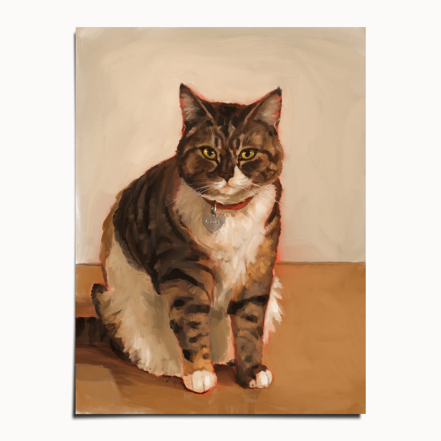 "Olive" by Catherine Hébert - Brown and White Tabby Cat Fine Art Print - 12"x16" size