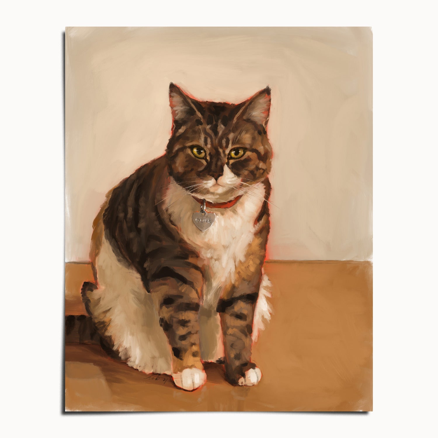 "Olive" by Catherine Hébert - Brown and White Tabby Cat Fine Art Print - 24"x30" size
