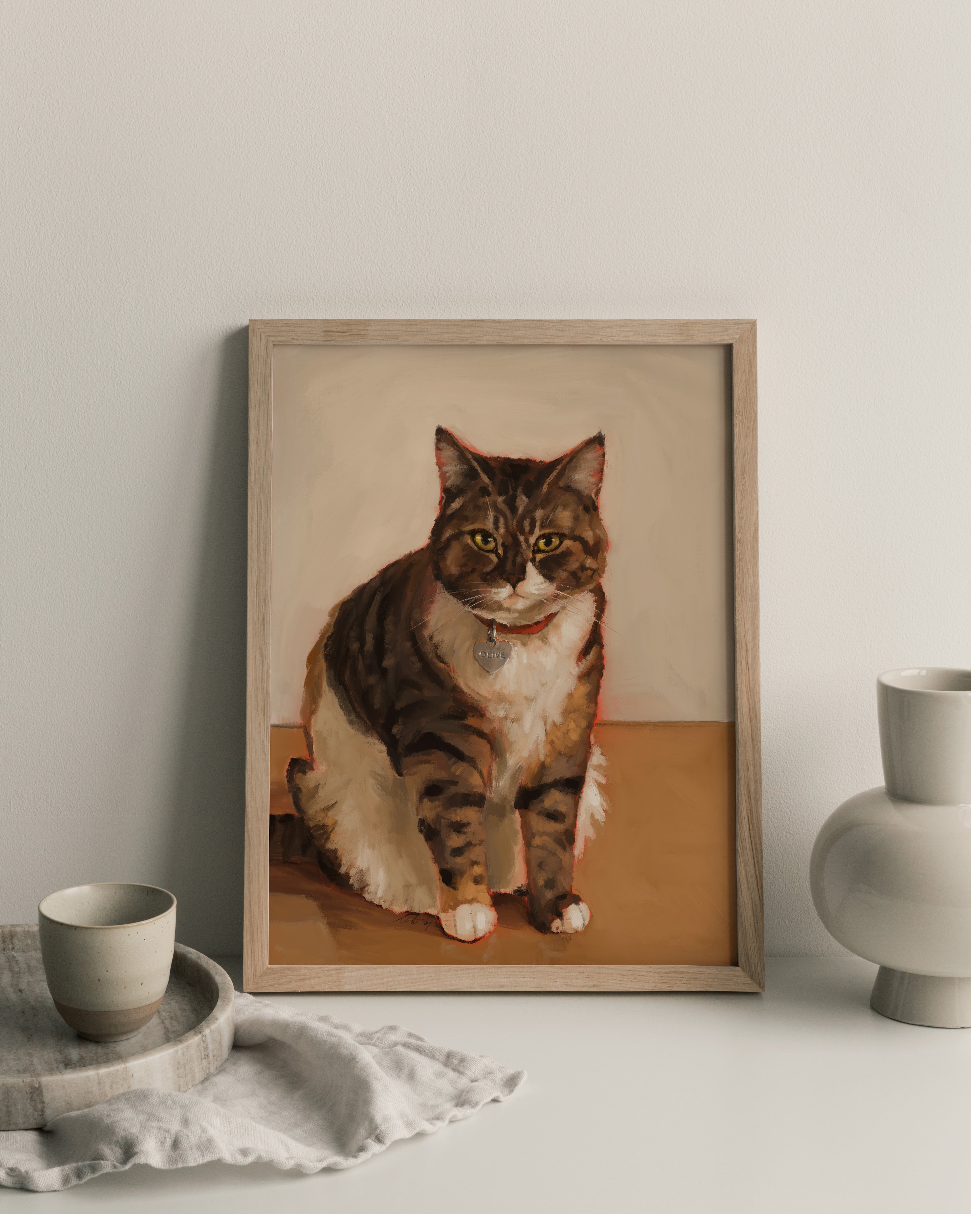 "Olive" by Catherine Hébert - Brown and White Tabby Cat Art Print