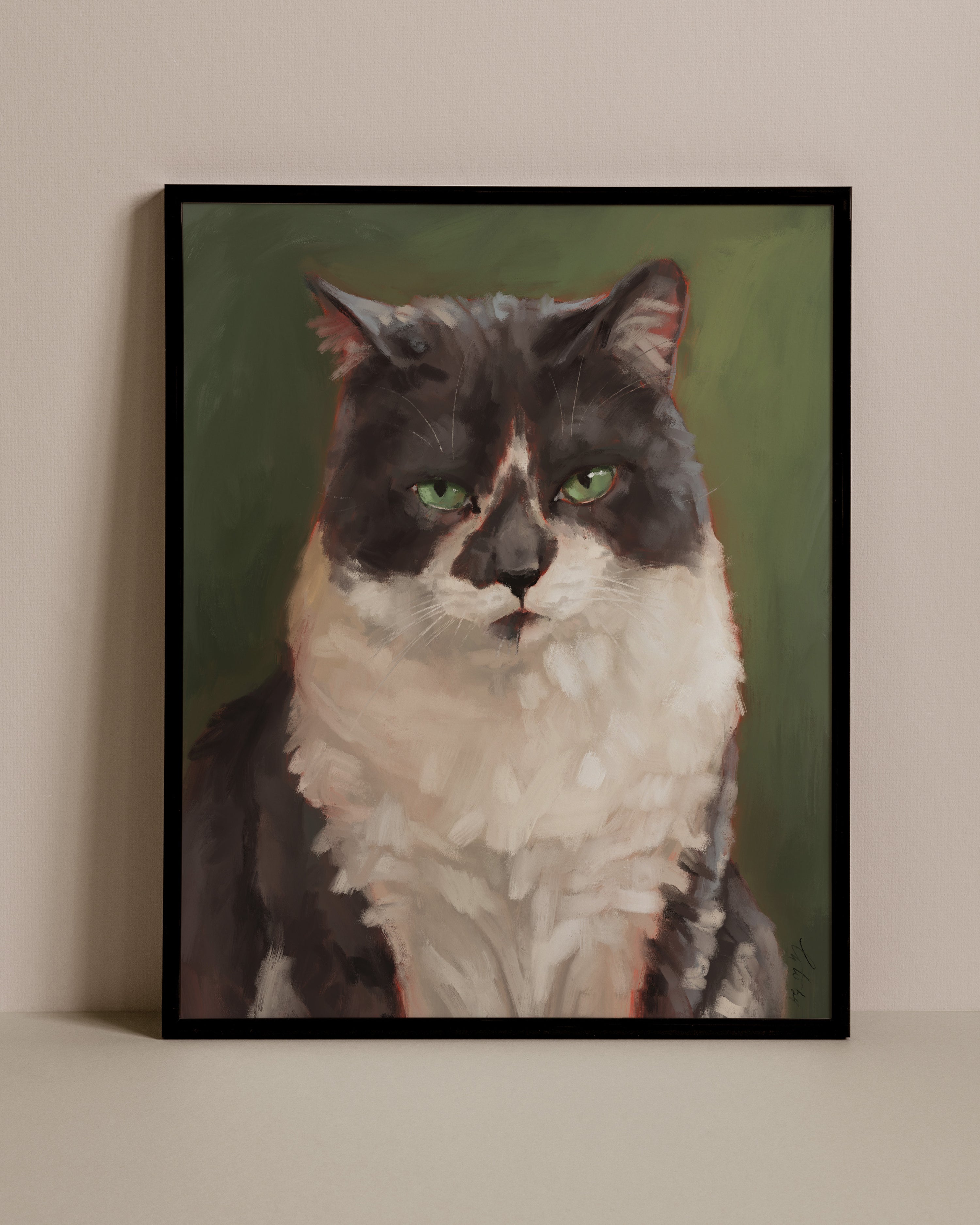 "The Unimpressed Woodhouse" by Catherine Hébert - Grey Tuxdeo Cat Painting Art Print