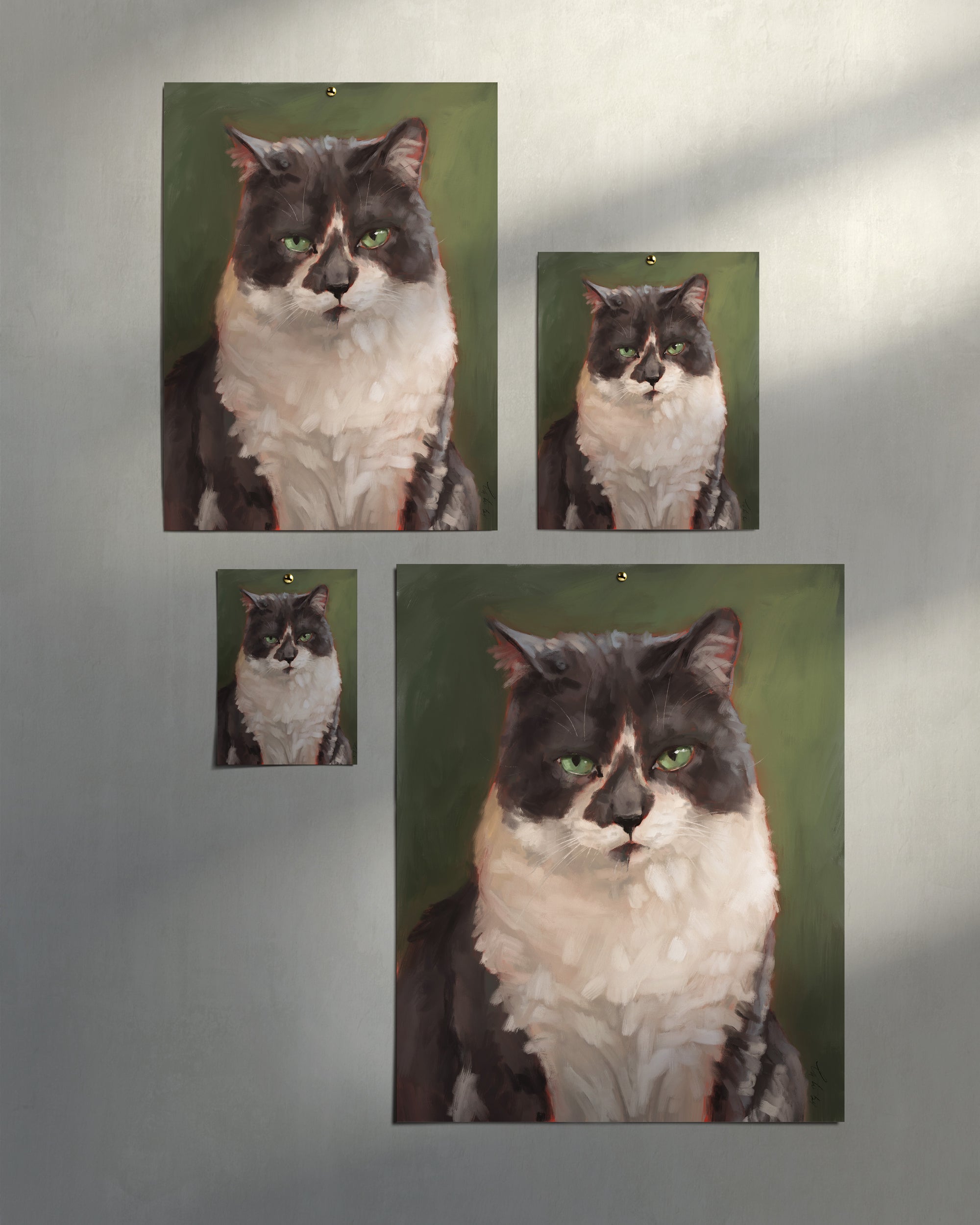 "The Unimpressed Woodhouse" by Catherine Hébert - Grey Tuxdeo Cat Painting Fine Art Print