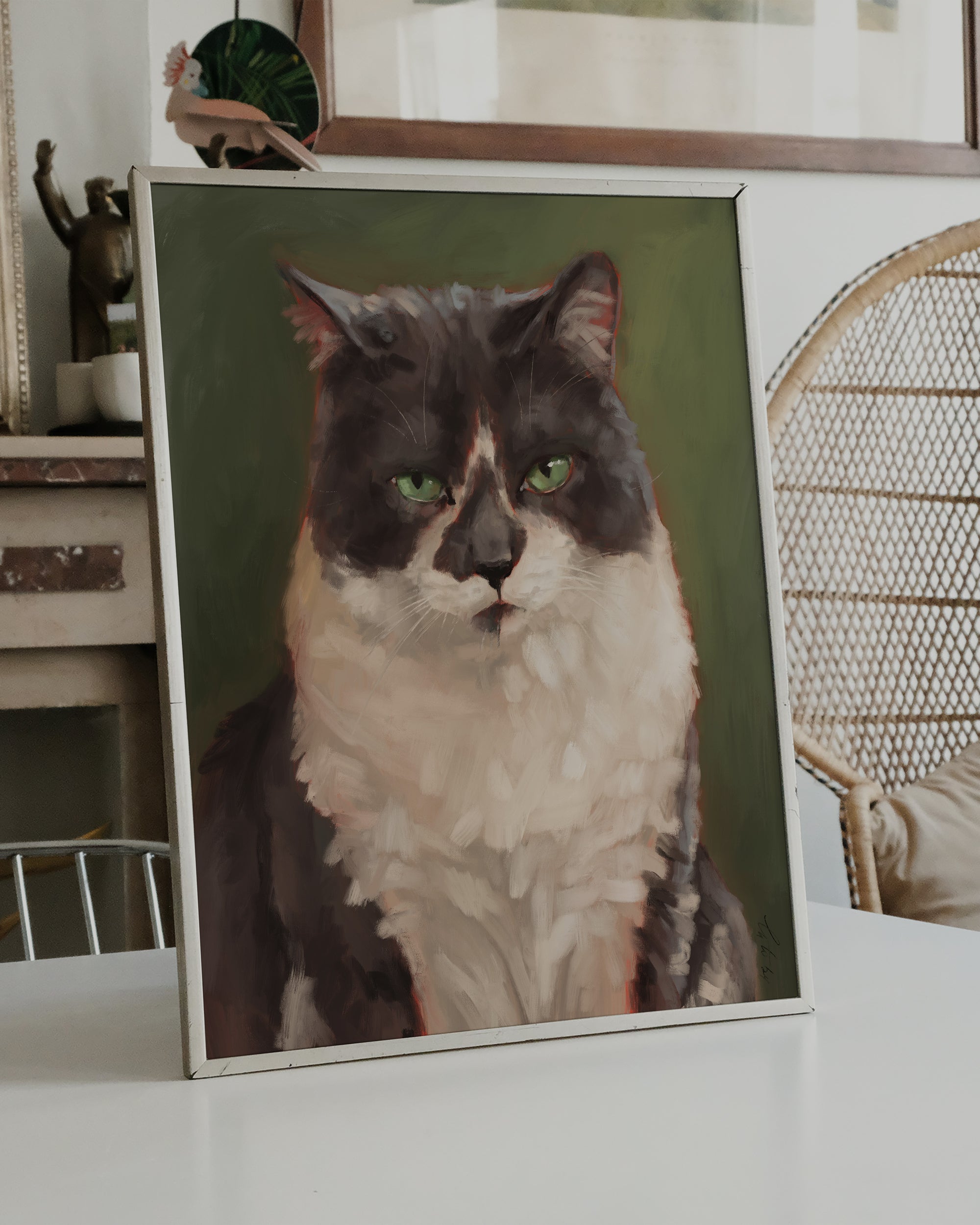 "The Unimpressed Woodhouse" by Catherine Hébert - Grey Tuxdeo Cat Painting Fine Art Print