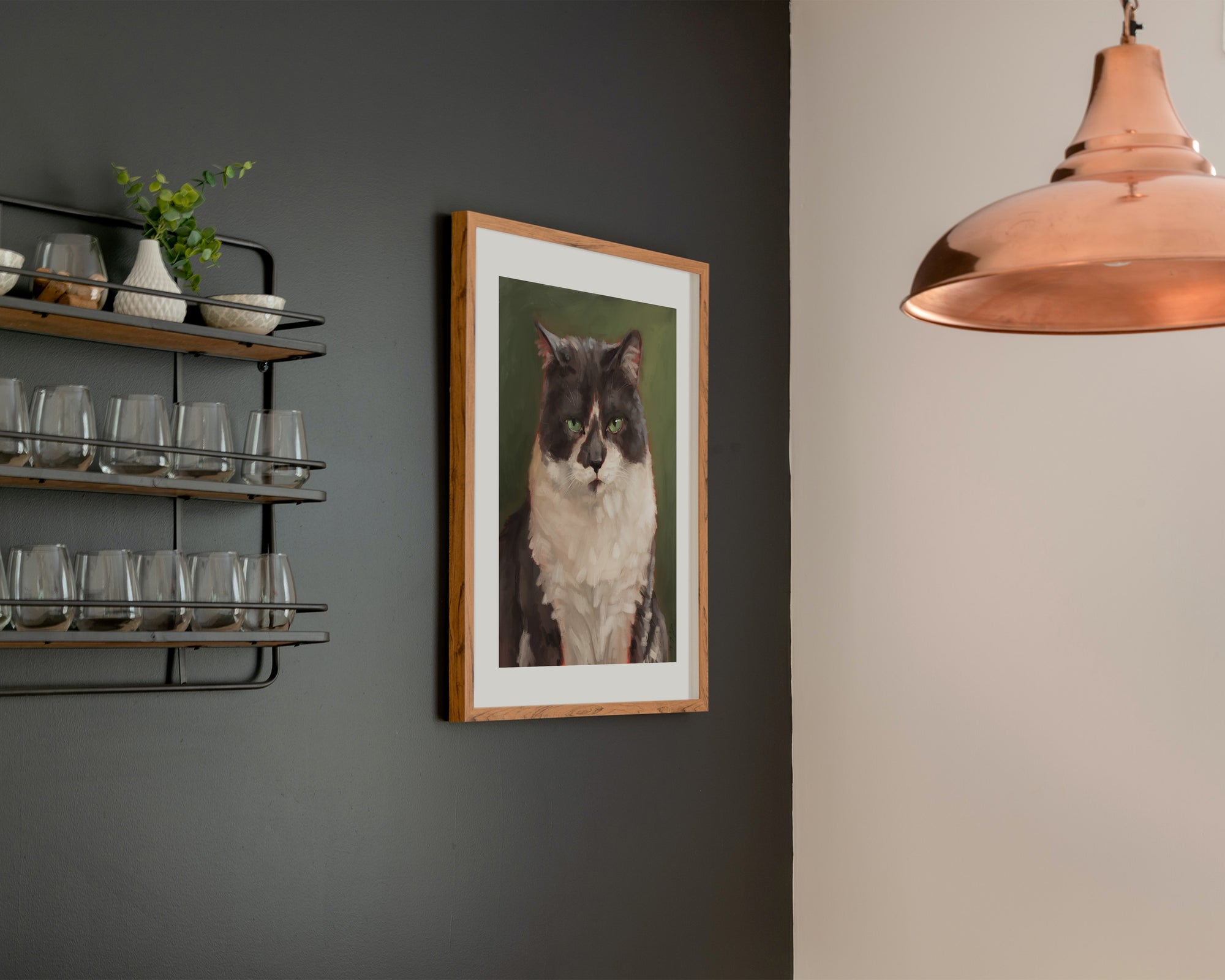 "The Unimpressed Woodhouse" by Catherine Hébert - Grey Tuxdeo Cat Painting Fine Art Print