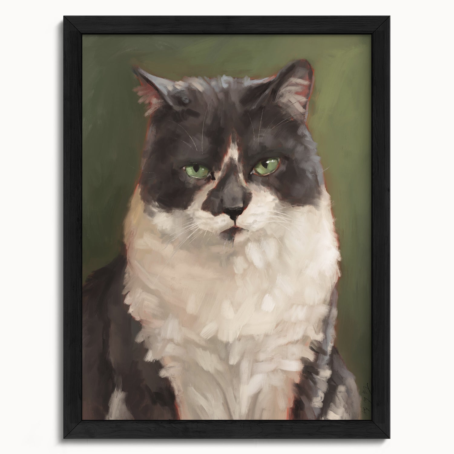 "The Unimpressed Woodhouse" by Catherine Hébert - Grey Tuxdeo Cat Painting Fine Art Print - 12"x16" size
