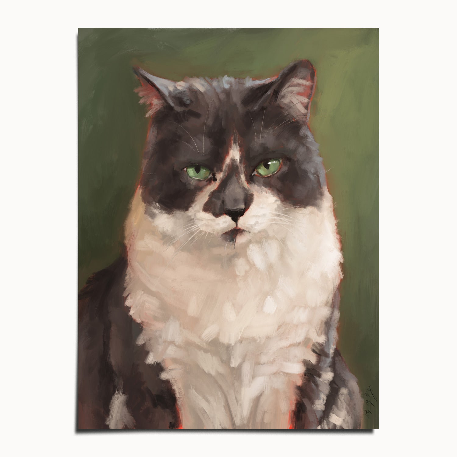 "The Unimpressed Woodhouse" by Catherine Hébert - Grey Tuxdeo Cat Painting Fine Art Print - 12"x16" size
