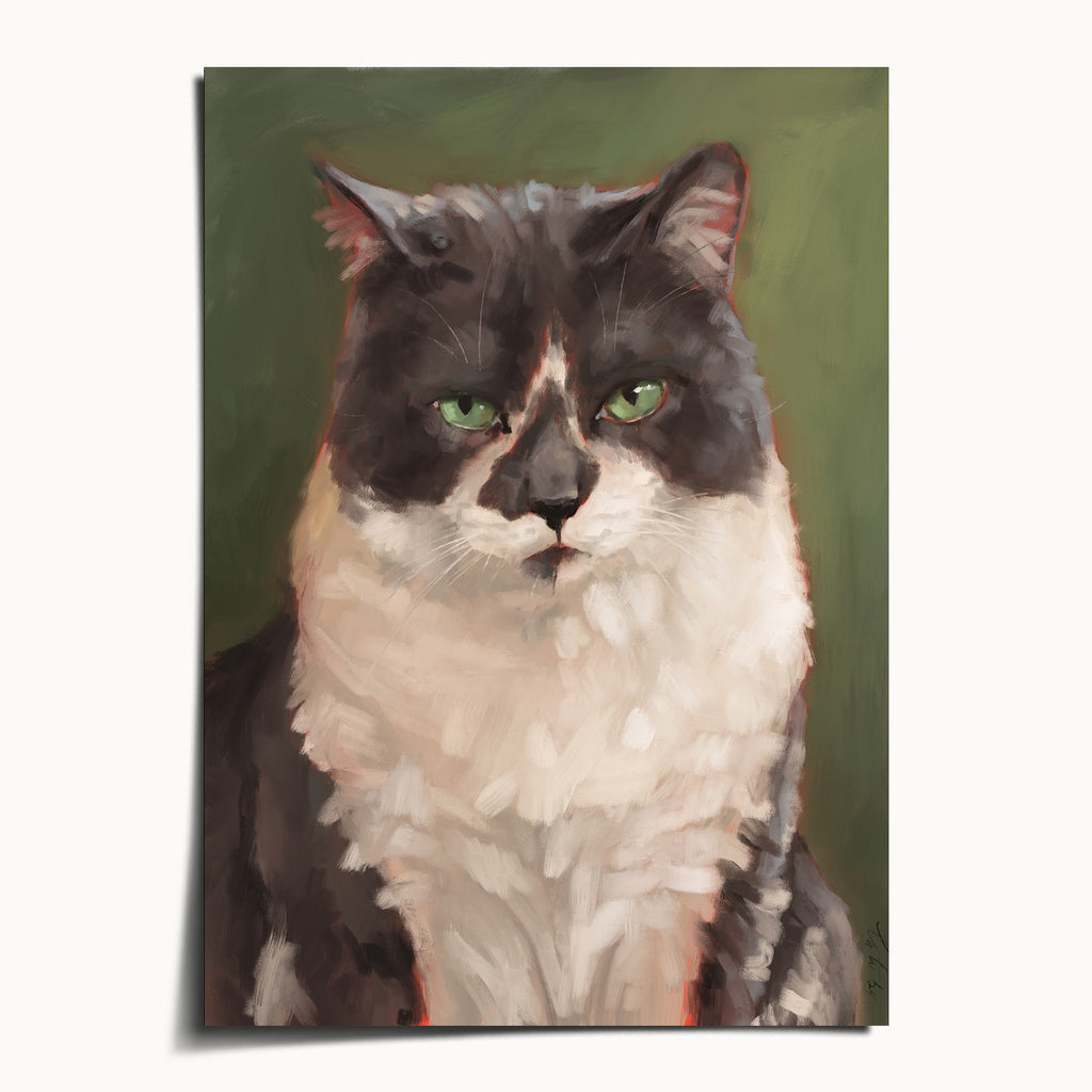 "The Unimpressed Woodhouse" by Catherine Hébert - Grey Tuxedo Cat Side-Eye Art Print - 5"x7" size