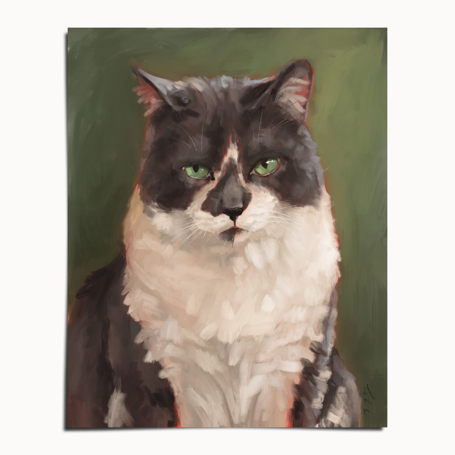 "The Unimpressed Woodhouse" by Catherine Hébert - Grey Tuxdeo Cat Painting Fine Art Print - 24"x30" size