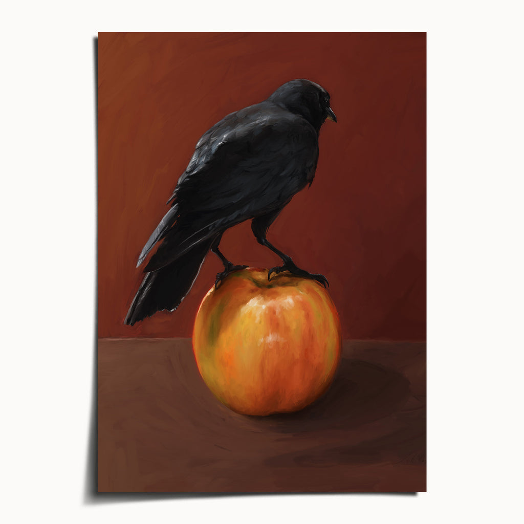 "Crownelius Crowmwell" by Catherine Hébert - Crow on Apple Art Print - 5"x7" size