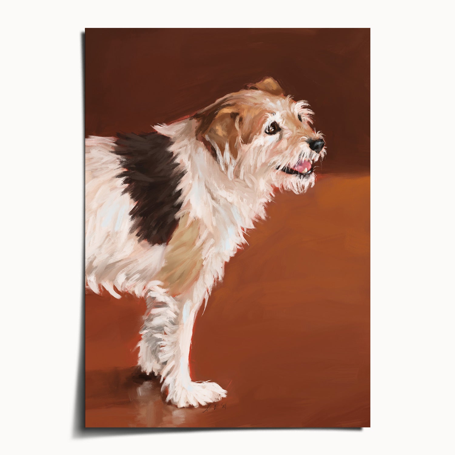 "Coffee Shop Dog" by Catherine Hébert - Dog Oil Painting Fine Art Print - 5"x7" size