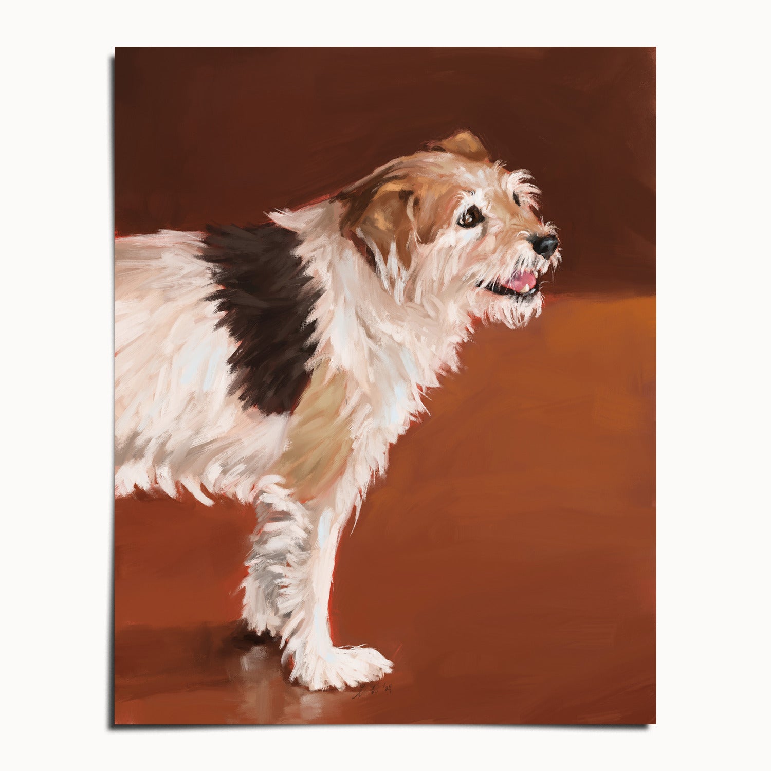 "Coffee Shop Dog" by Catherine Hébert - Dog Oil Painting Fine Art Print - 24"x30" size