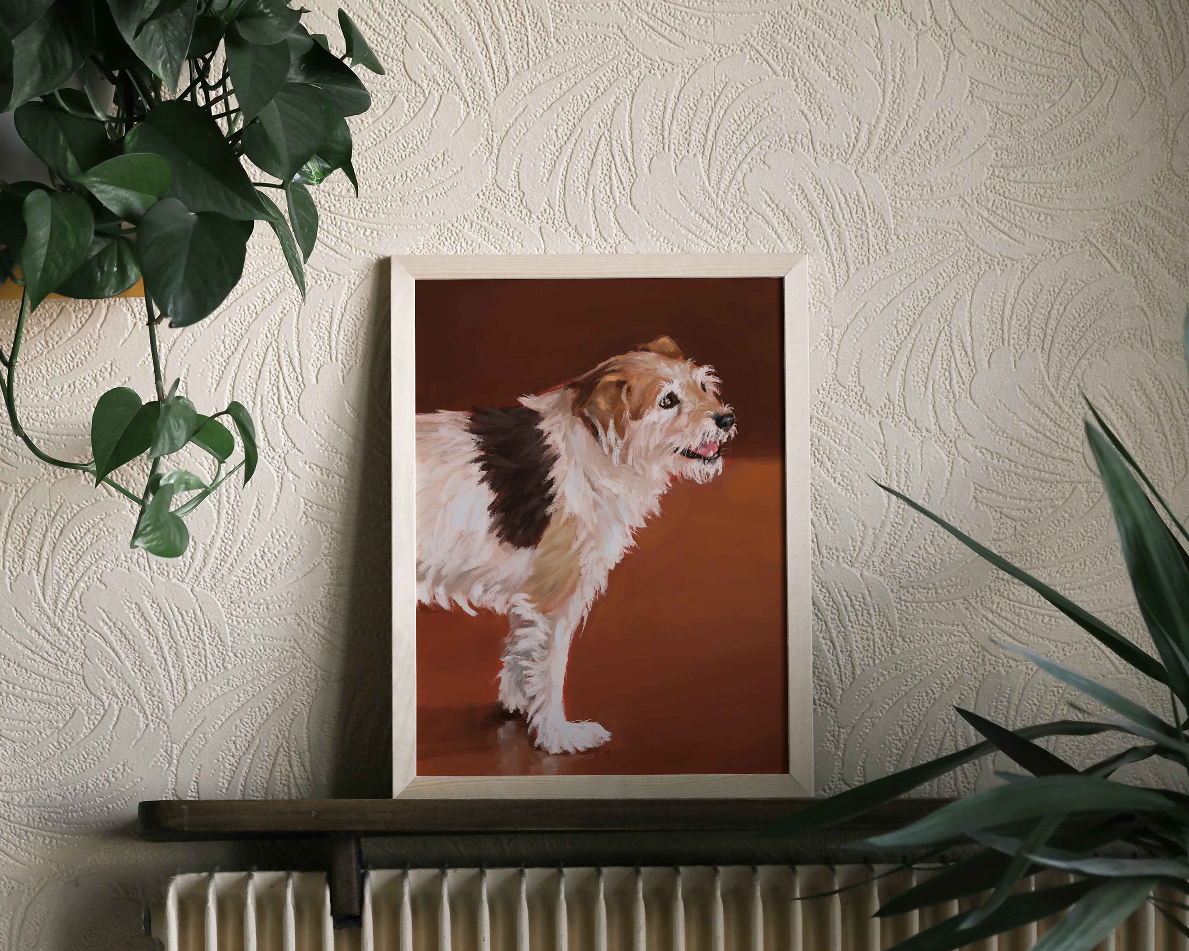 "Coffee Shop Dog" by Catherine Hébert - Dog Oil Painting Fine Art Print