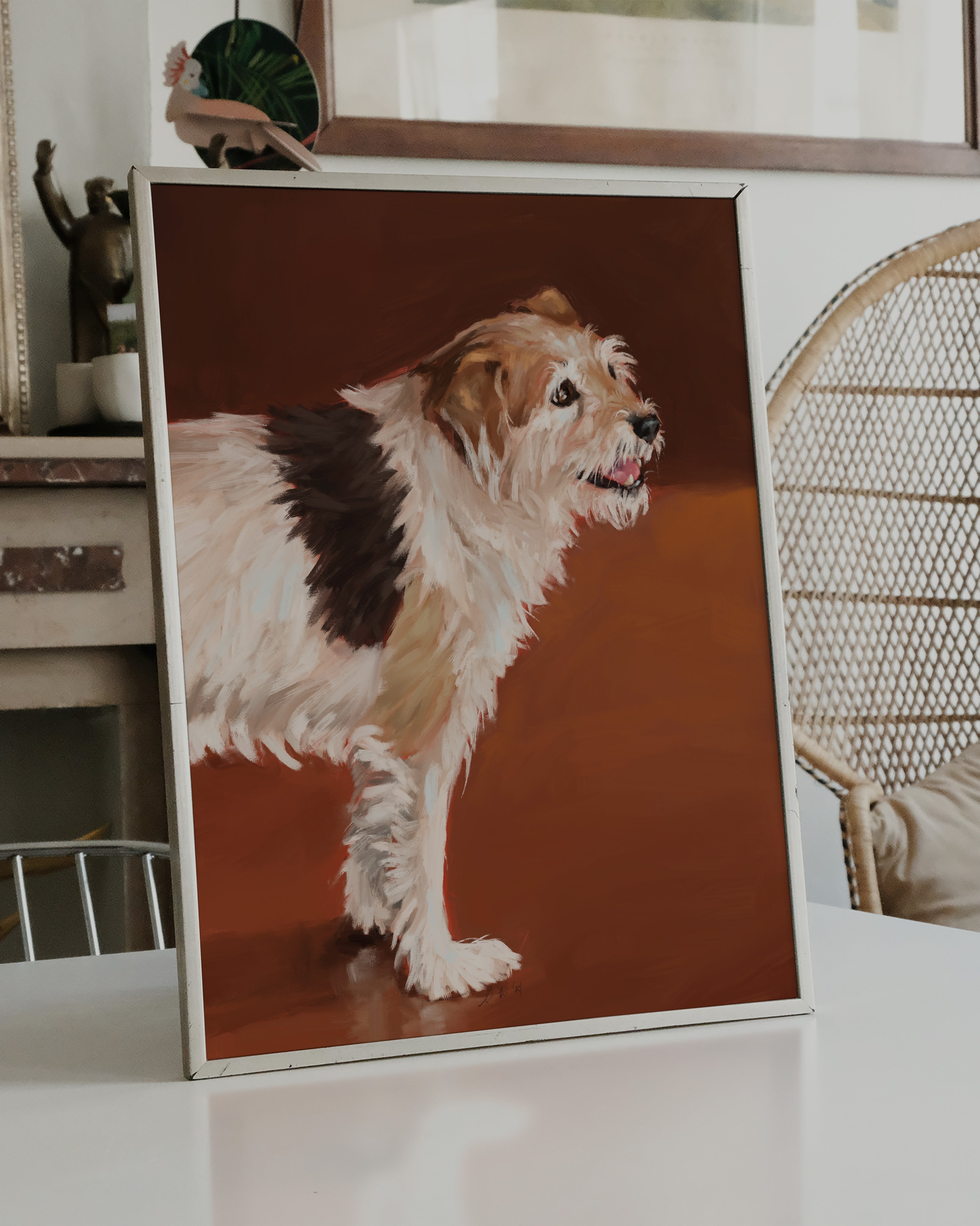 "Coffee Shop Dog" by Catherine Hébert - Dog Oil Painting Fine Art Print