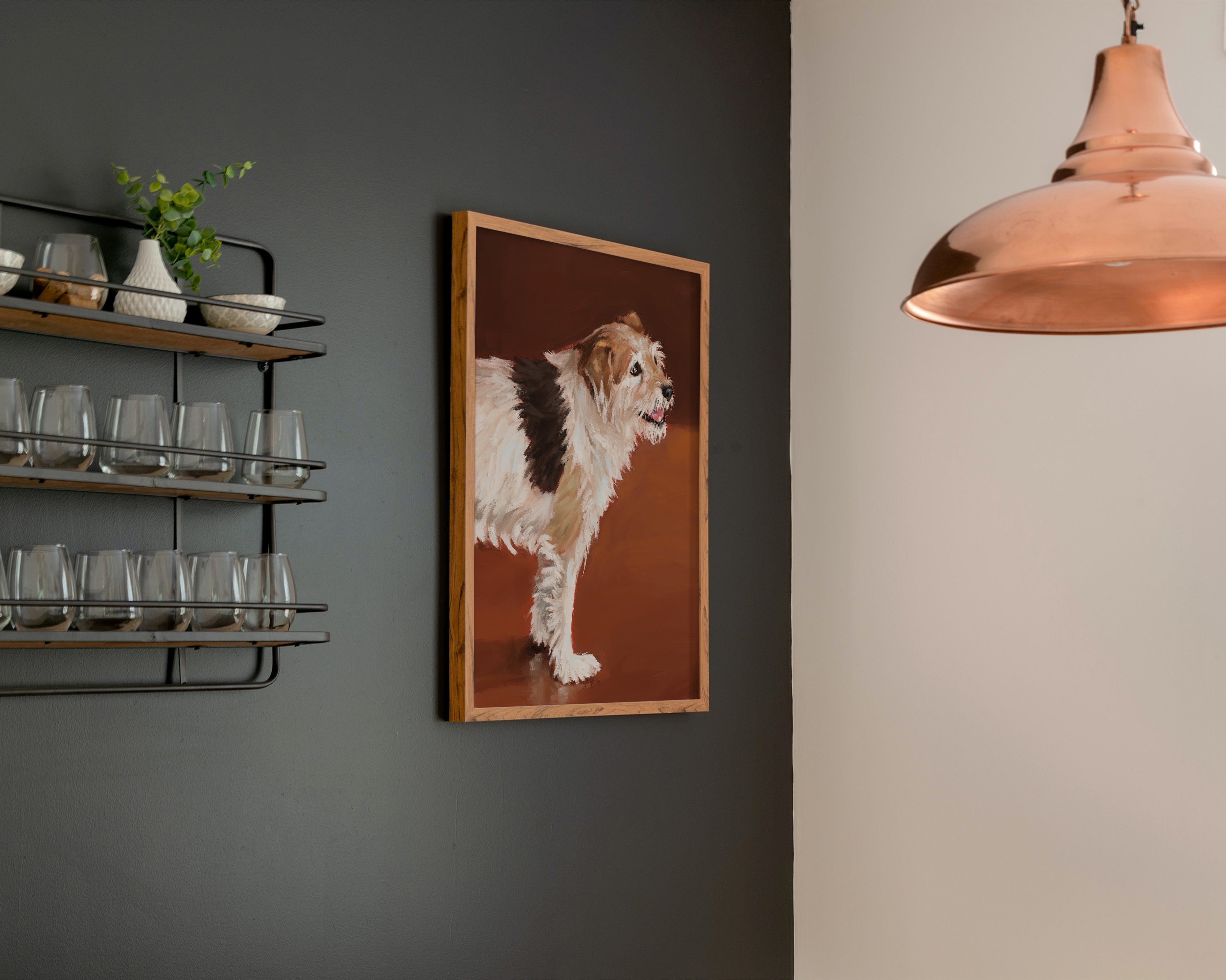 "Coffee Shop Dog" by Catherine Hébert - Dog Oil Painting Fine Art Print