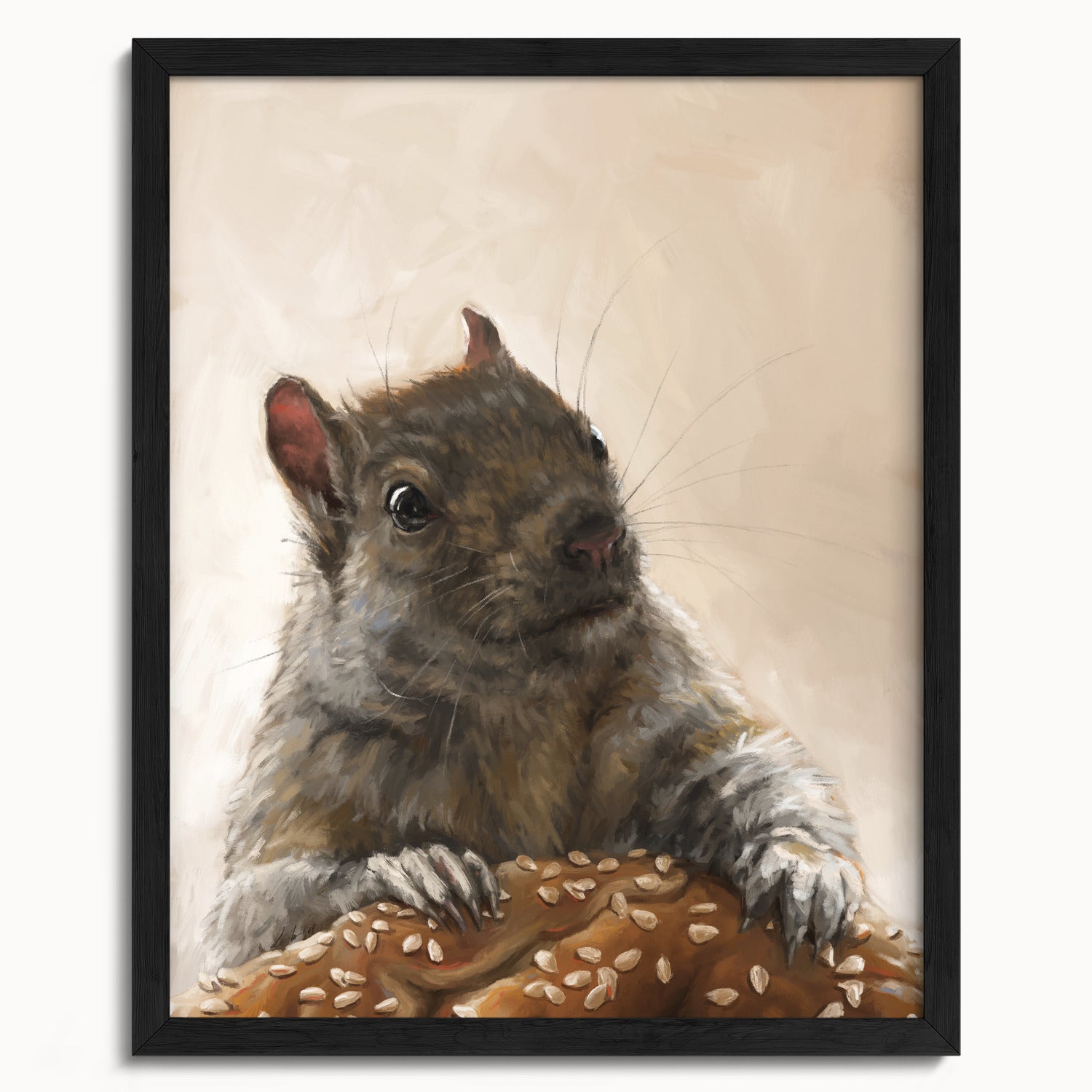 "Brigette With A Bagel" by Catherine Hébert - Grey Squirrel with a Bagel Fine Art Print - 16"x20" size