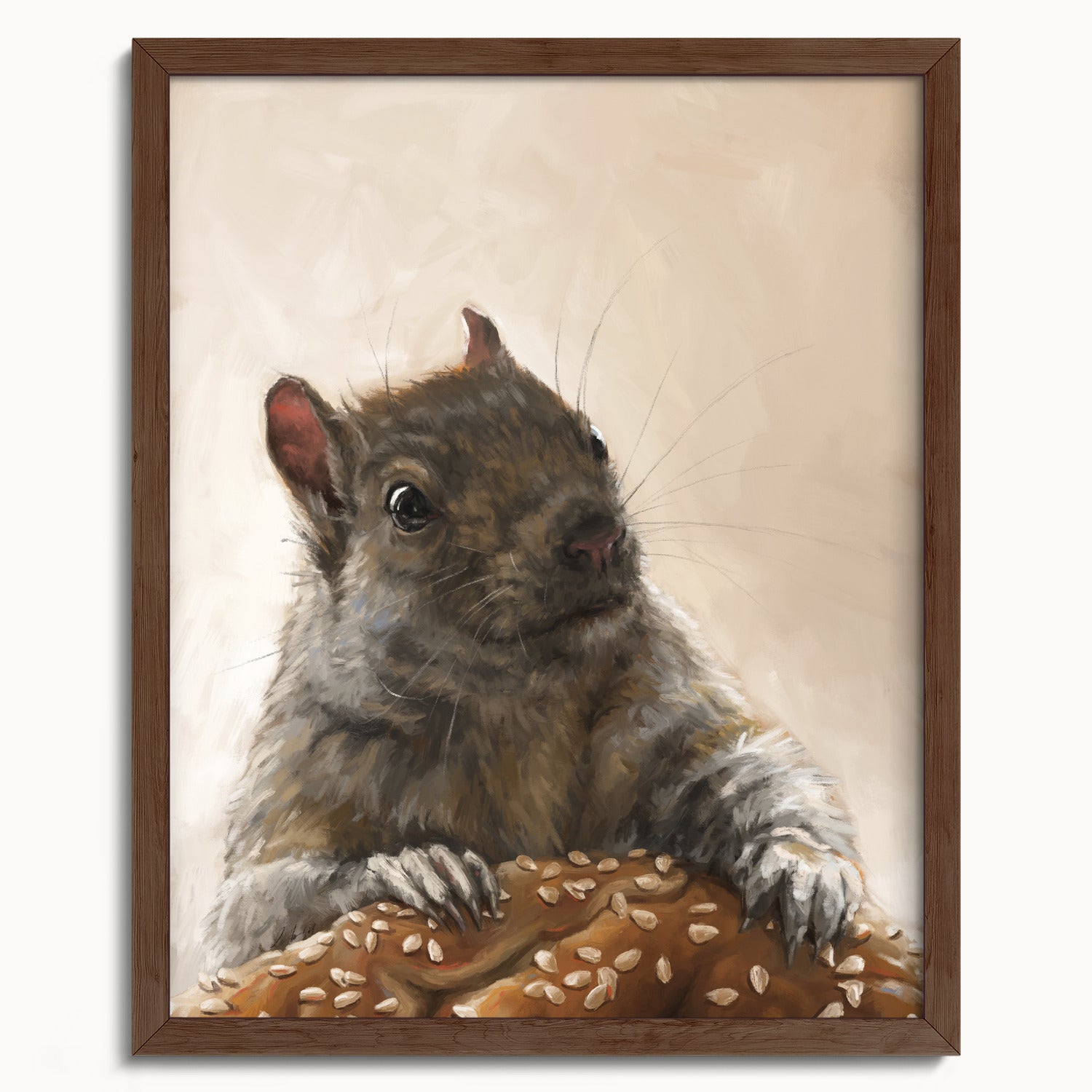 "Brigette With A Bagel" by Catherine Hébert - Grey Squirrel with a Bagel Fine Art Print - 16"x20" size