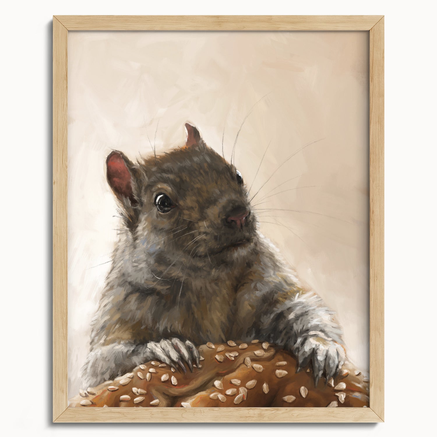"Brigette With A Bagel" by Catherine Hébert - Grey Squirrel with a Bagel Fine Art Print - 16"x20" size