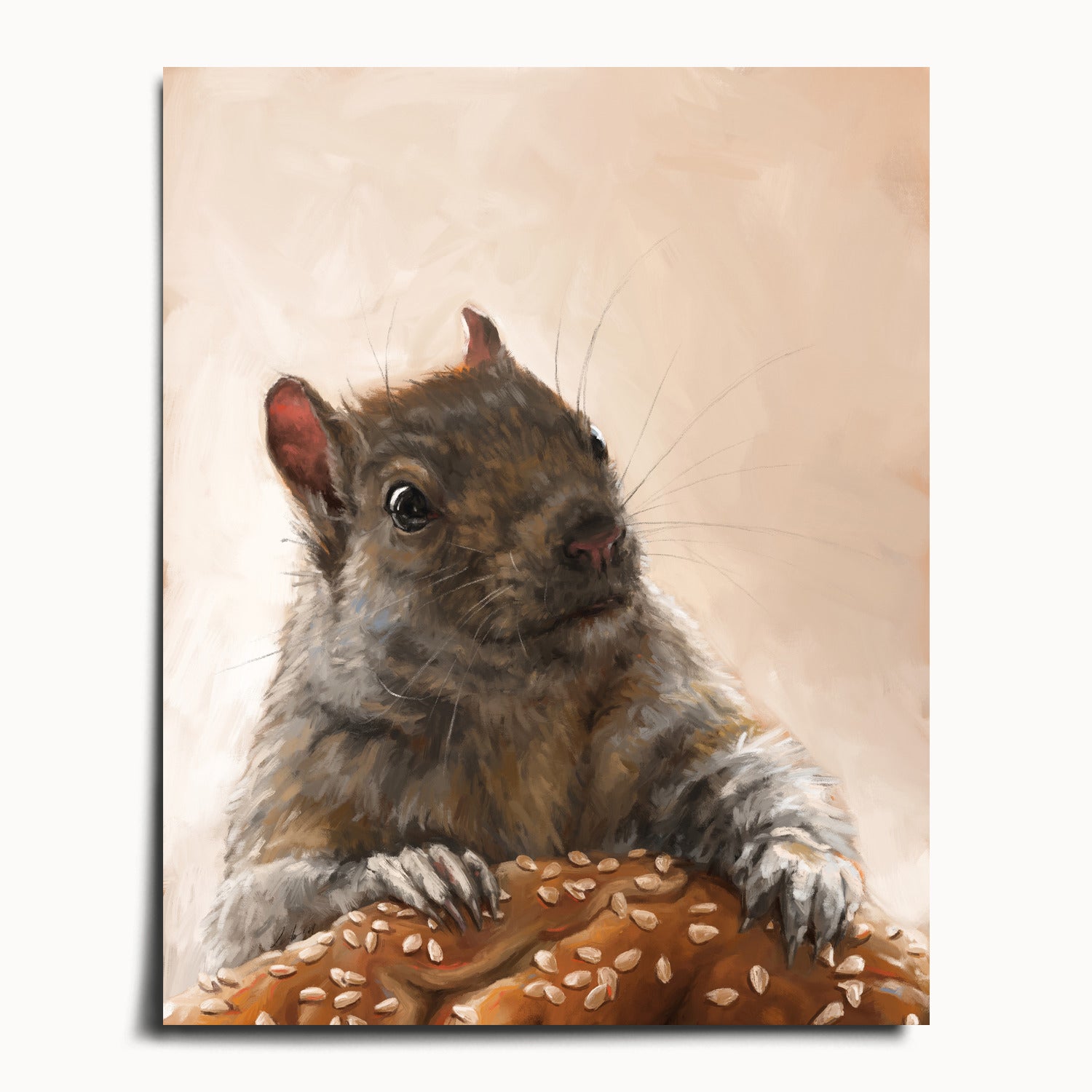 "Brigette With A Bagel" by Catherine Hébert - Grey Squirrel with a Bagel Fine Art Print - 16"x20" size