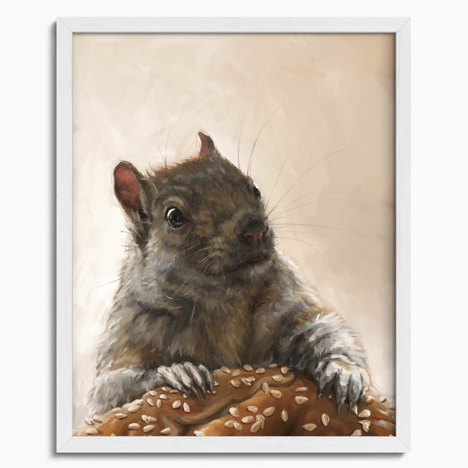 "Brigette With A Bagel" by Catherine Hébert - Grey Squirrel with a Bagel Fine Art Print - 16"x20" size