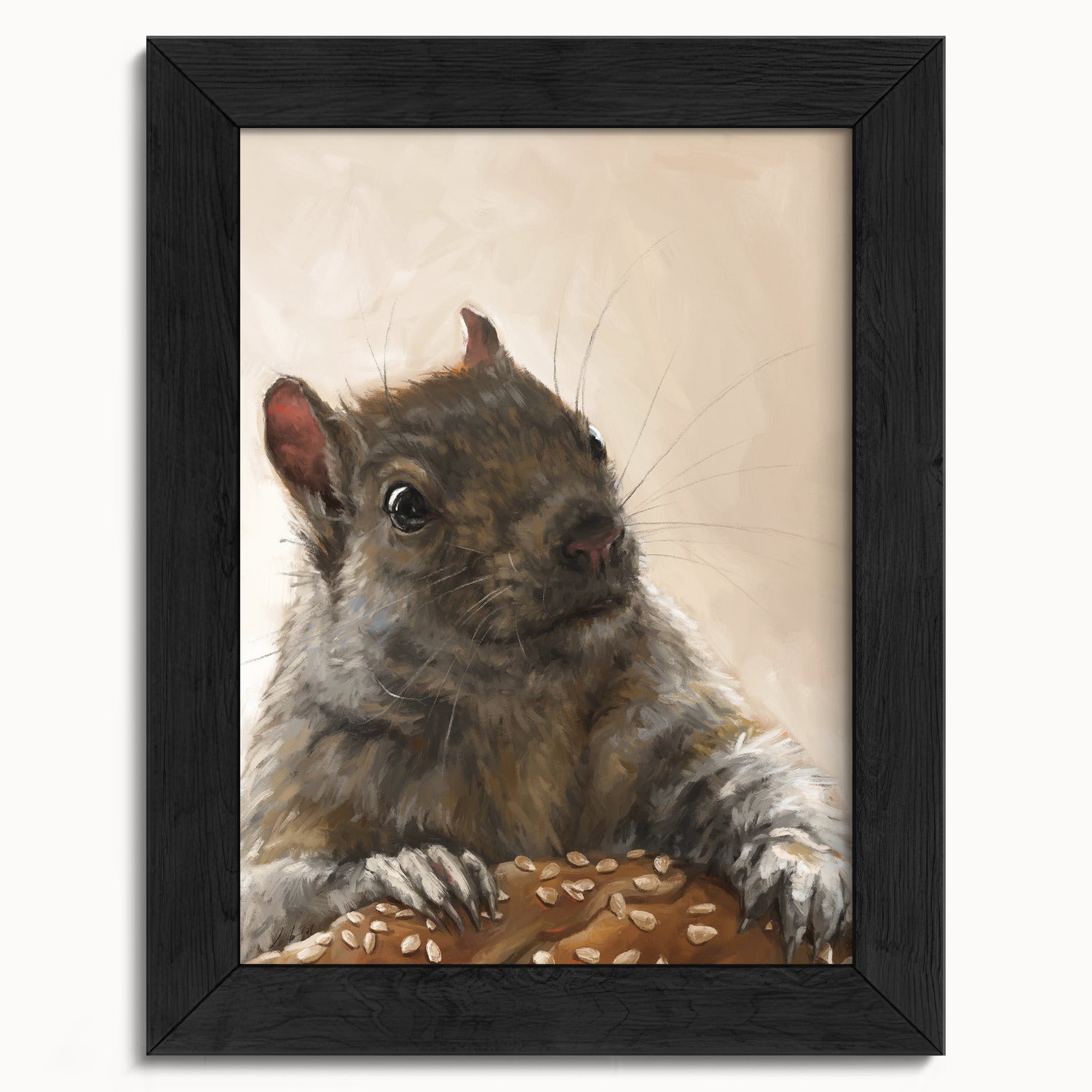 "Brigette With A Bagel" by Catherine Hébert - Grey Squirrel with a Bagel Fine Art Print - 5"x7" size