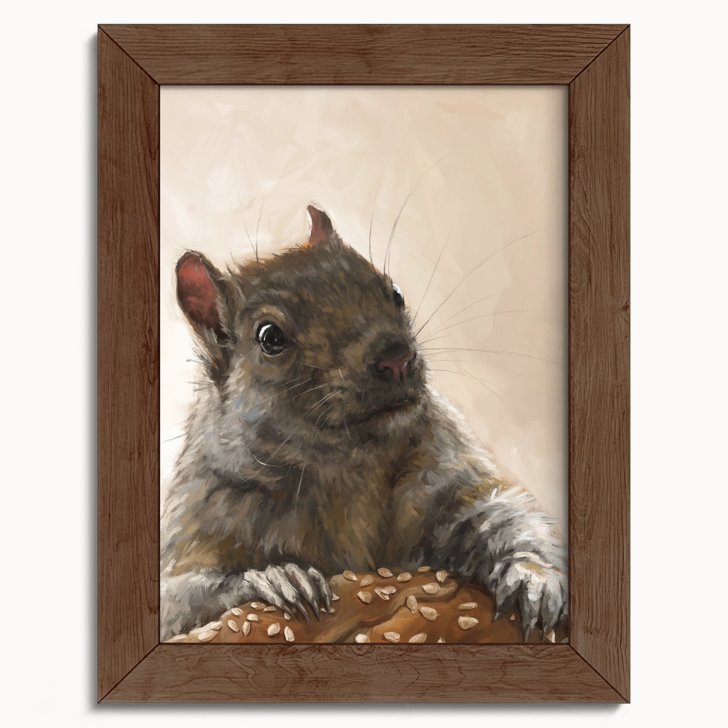 "Brigette With A Bagel" by Catherine Hébert - Grey Squirrel with a Bagel Fine Art Print - 5"x7" size