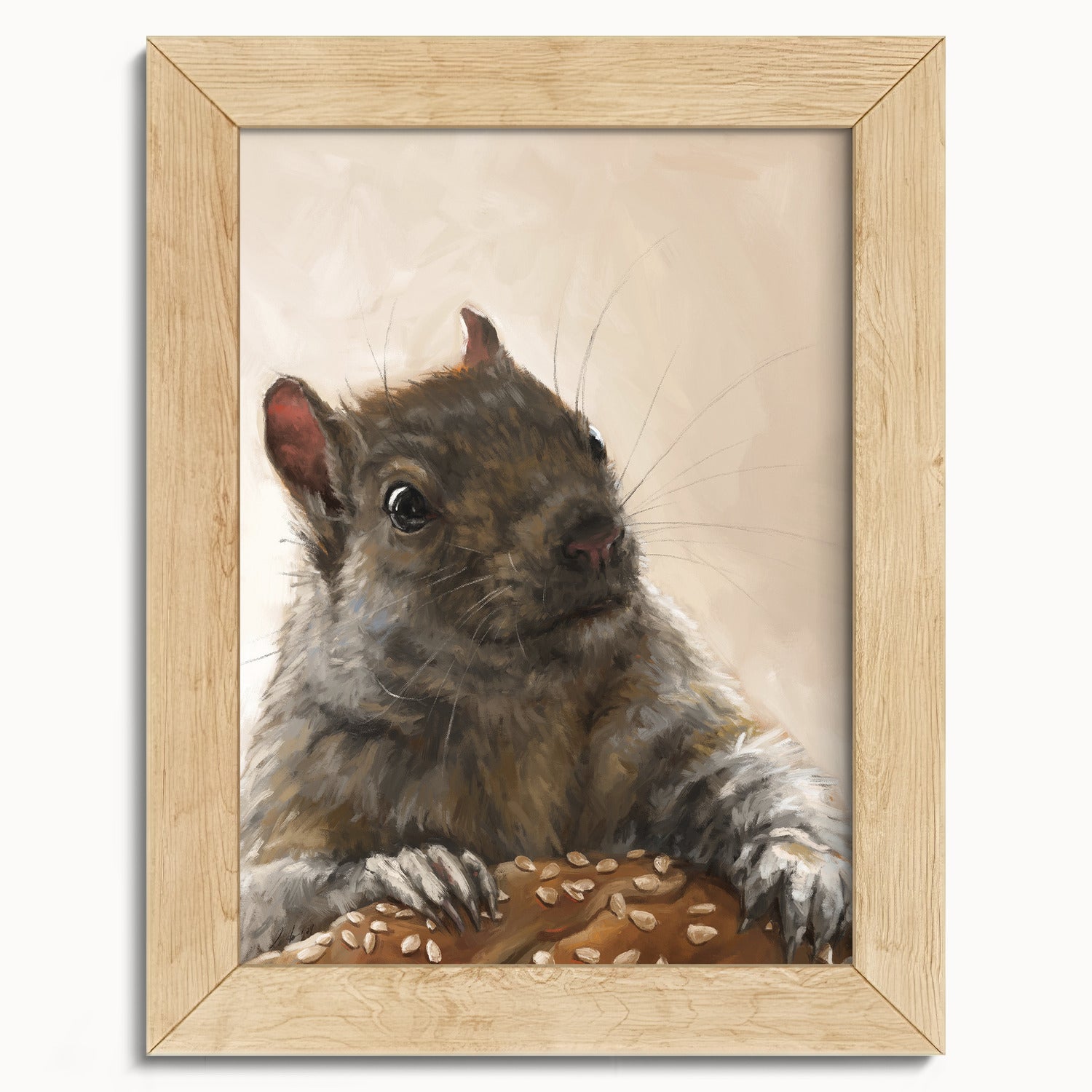 "Brigette With A Bagel" by Catherine Hébert - Grey Squirrel with a Bagel Fine Art Print - 5"x7" size