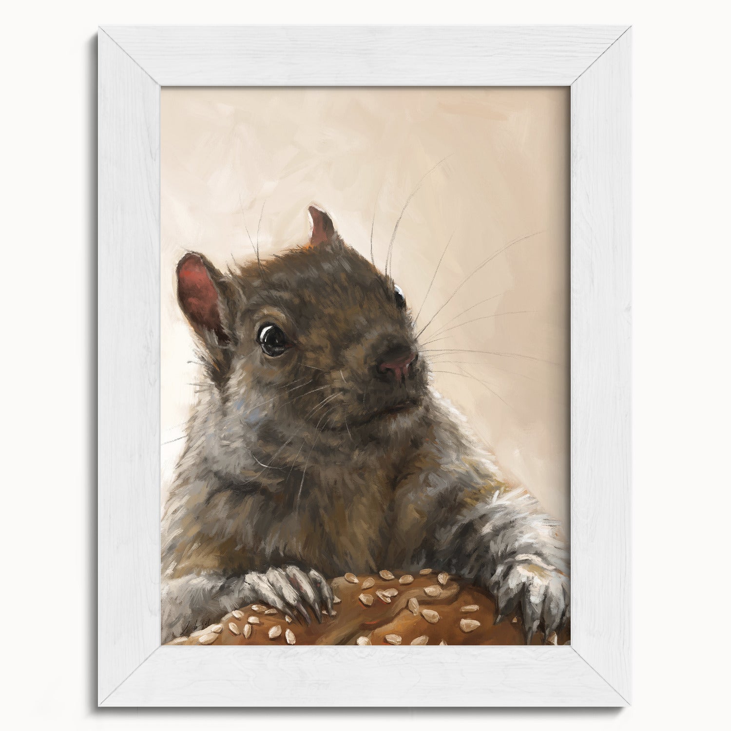 "Brigette With A Bagel" by Catherine Hébert - Grey Squirrel with a Bagel Fine Art Print - 5"x7" size