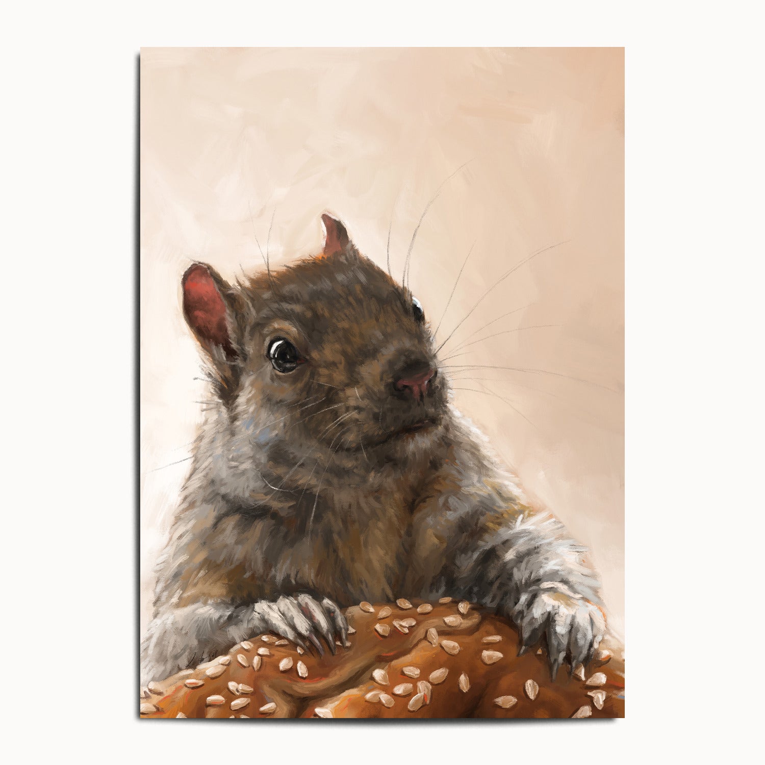 "Brigette With A Bagel" by Catherine Hébert - Grey Squirrel with a Bagel Fine Art Print - 13"x18" size
